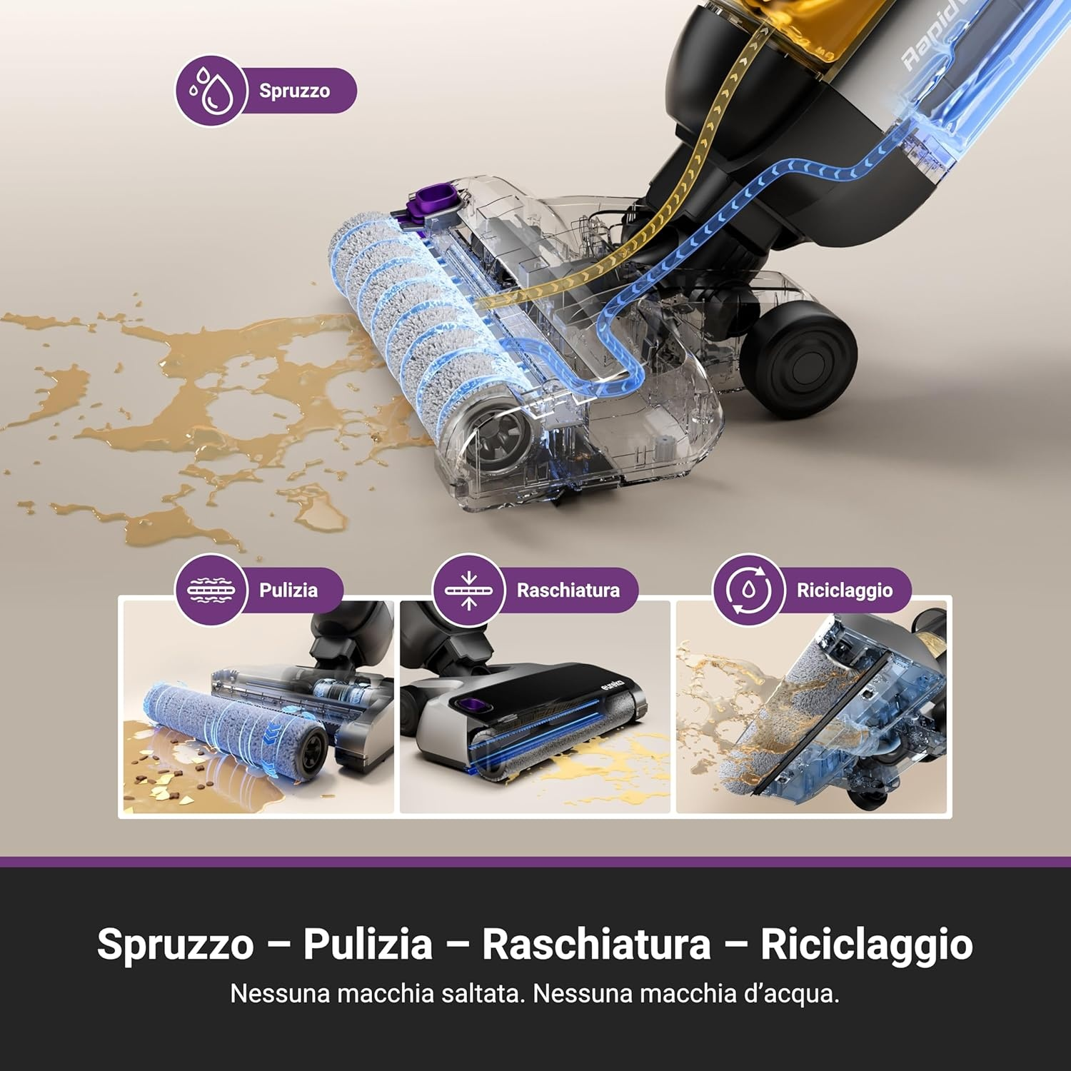 Aspirapolvere con funzioni spray, pulizia, raschiatura e riciclaggio, mostrato nei dettagli.