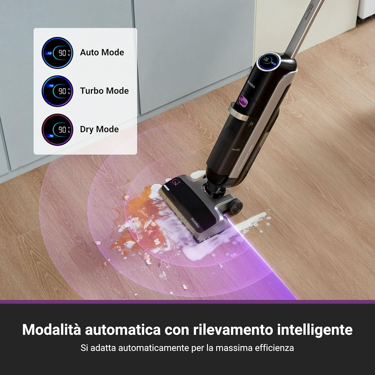 Un pulitore per pavimenti bianco e nero con una pozza di liquido e testo.