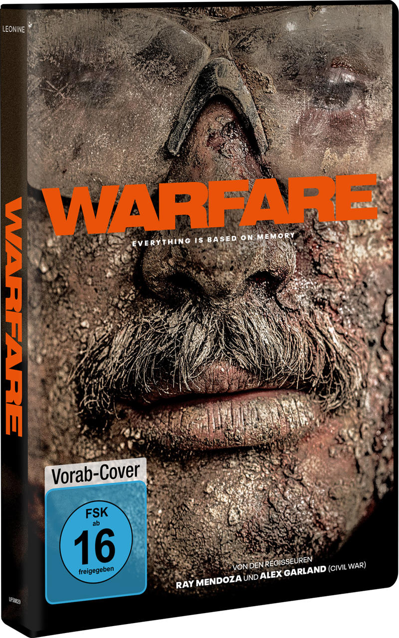 Nahaufnahme des Filmcovers. Gesicht mit Schlamm bedeckt, Titel 'WARFARE' in Orange. Bewertungssiegel 'FSK ab 16' sichtbar.