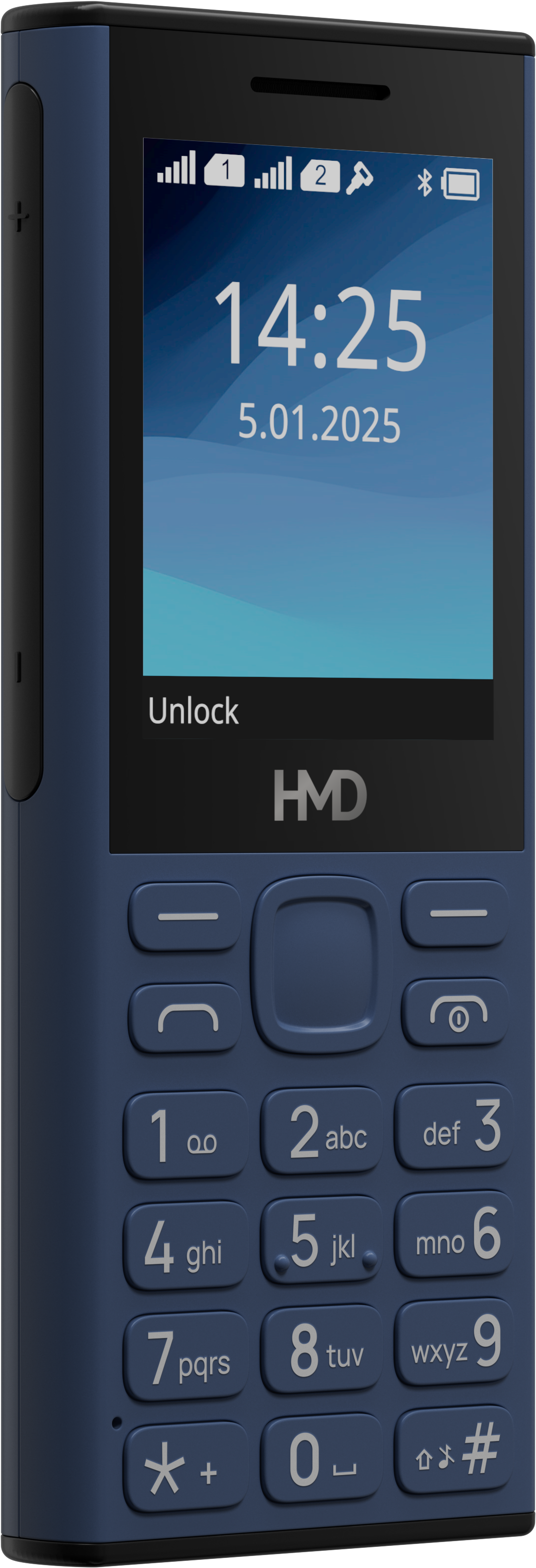 Nyitott HMD kagylótelefon, amely az időt, a dátumot és két operátor nevét mutatja.