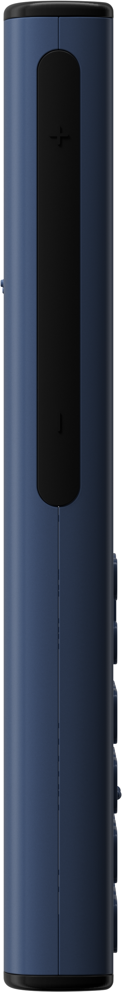 Egy kék-fekete, elegáns power bank, egy hosszú, fekete gombbal és töltésjelzővel.