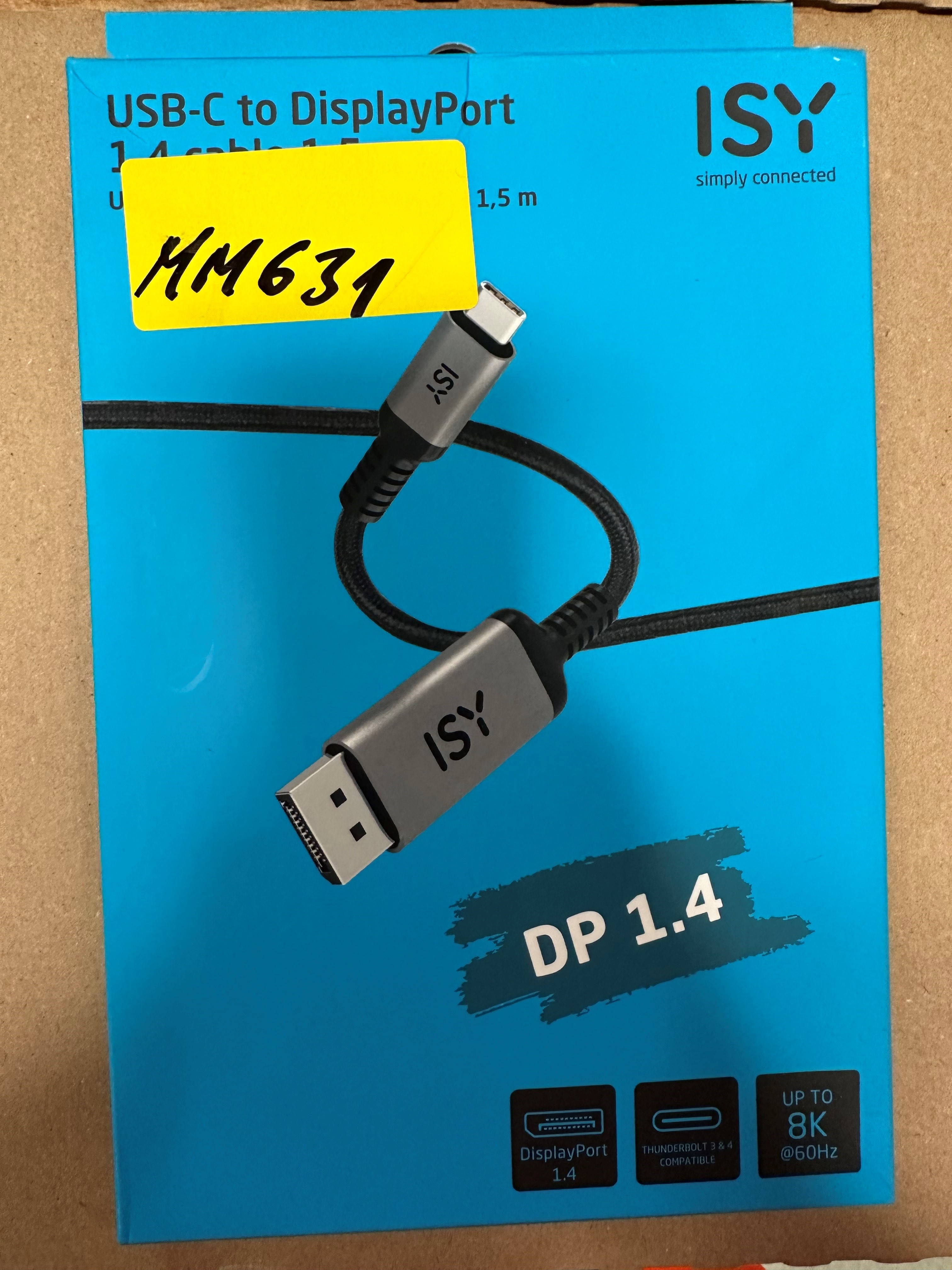 Niebieski i czarny kabel USB-C do DisplayPort w niebieskim pudełku. Etykieta HM631.