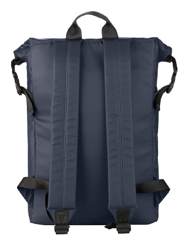 Marineblauer Rucksack mit zwei Trägern, Schlaufen und schwarzen Schnallen.