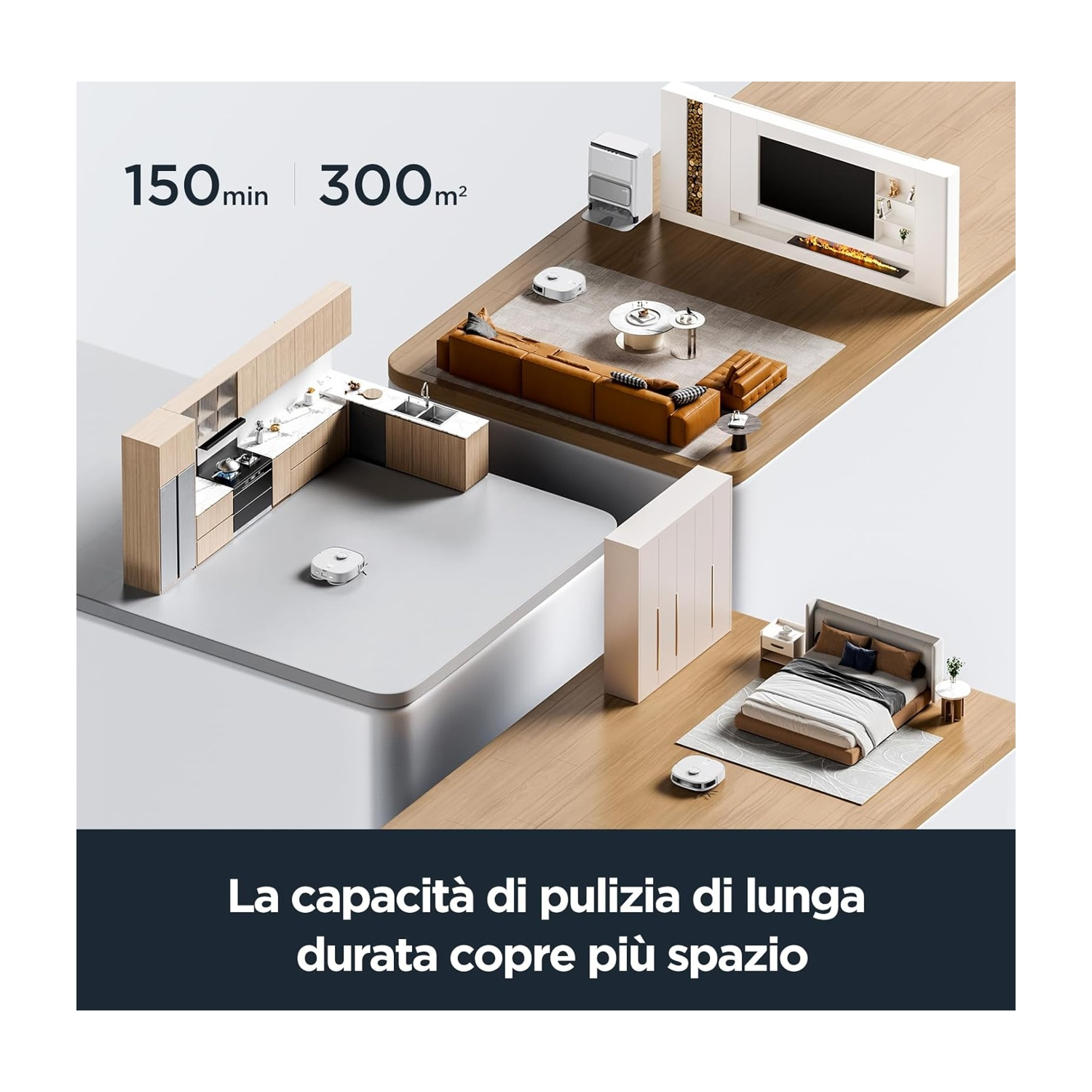 Scena illustrata di smart home con robot aspirapolvere.