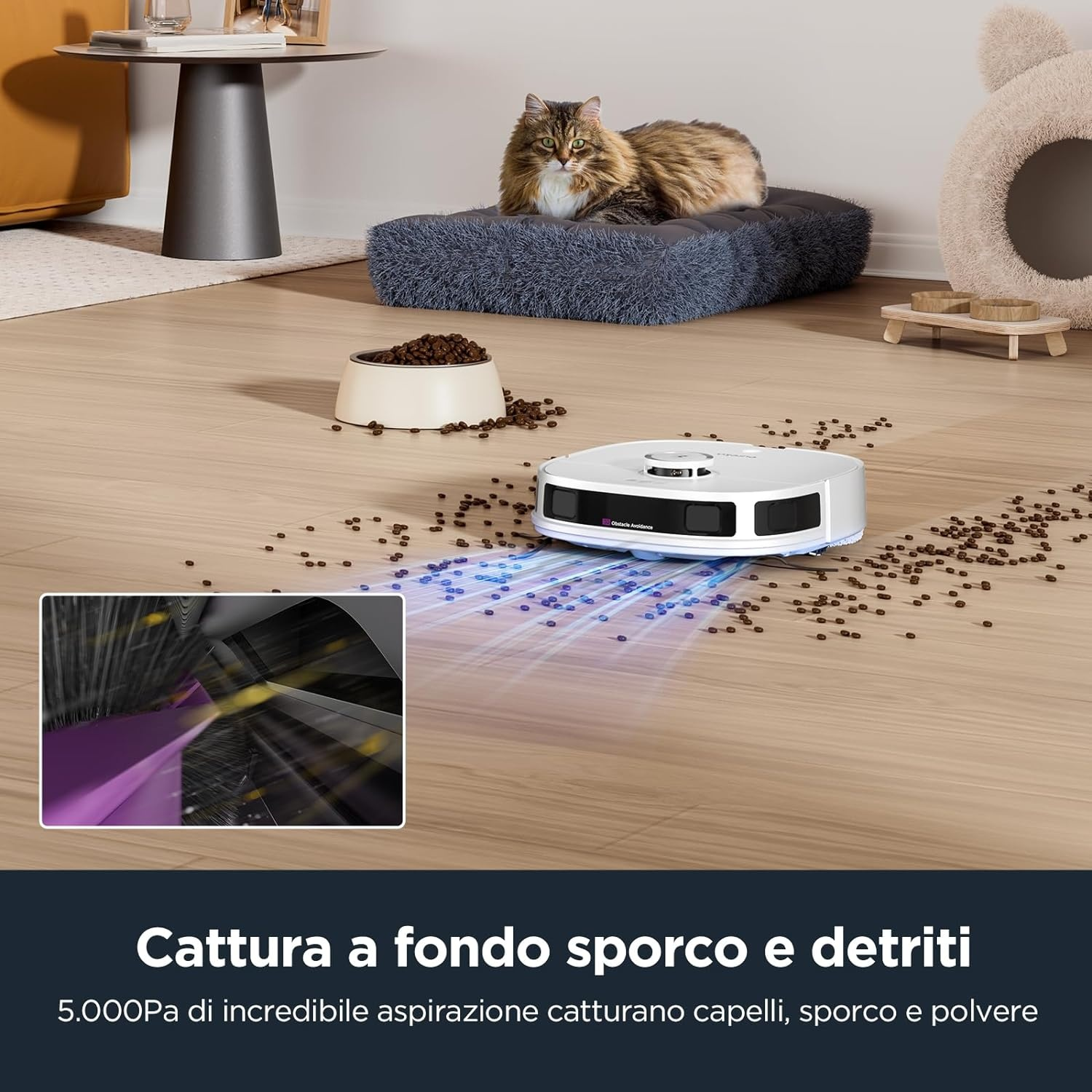 Aspirapolvere robot che pulisce un pavimento in legno. Un gatto riposa su un letto sullo sfondo.