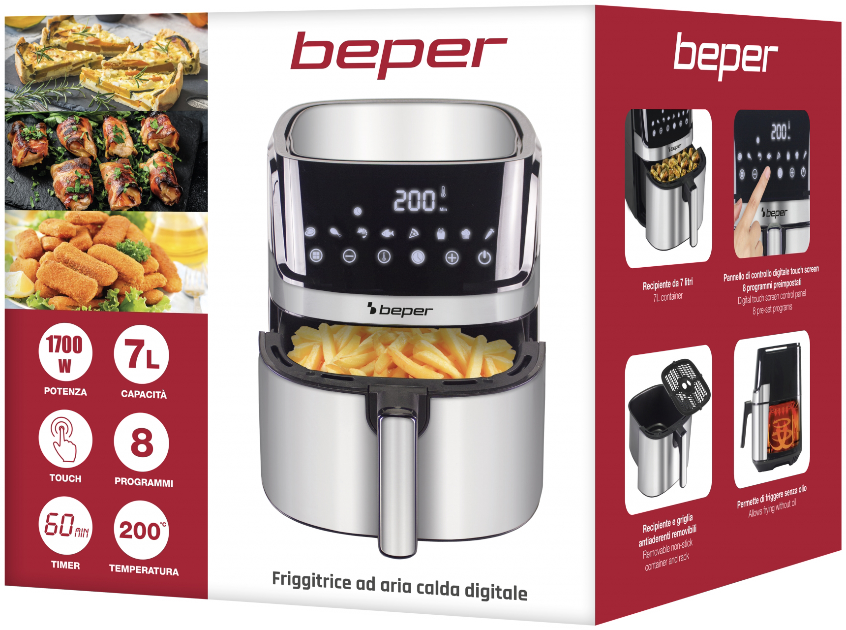 Ezüst-fekete légkeveréses fritőz digitális vezérléssel és étel illusztrációkkal. Sült krumpli látható.