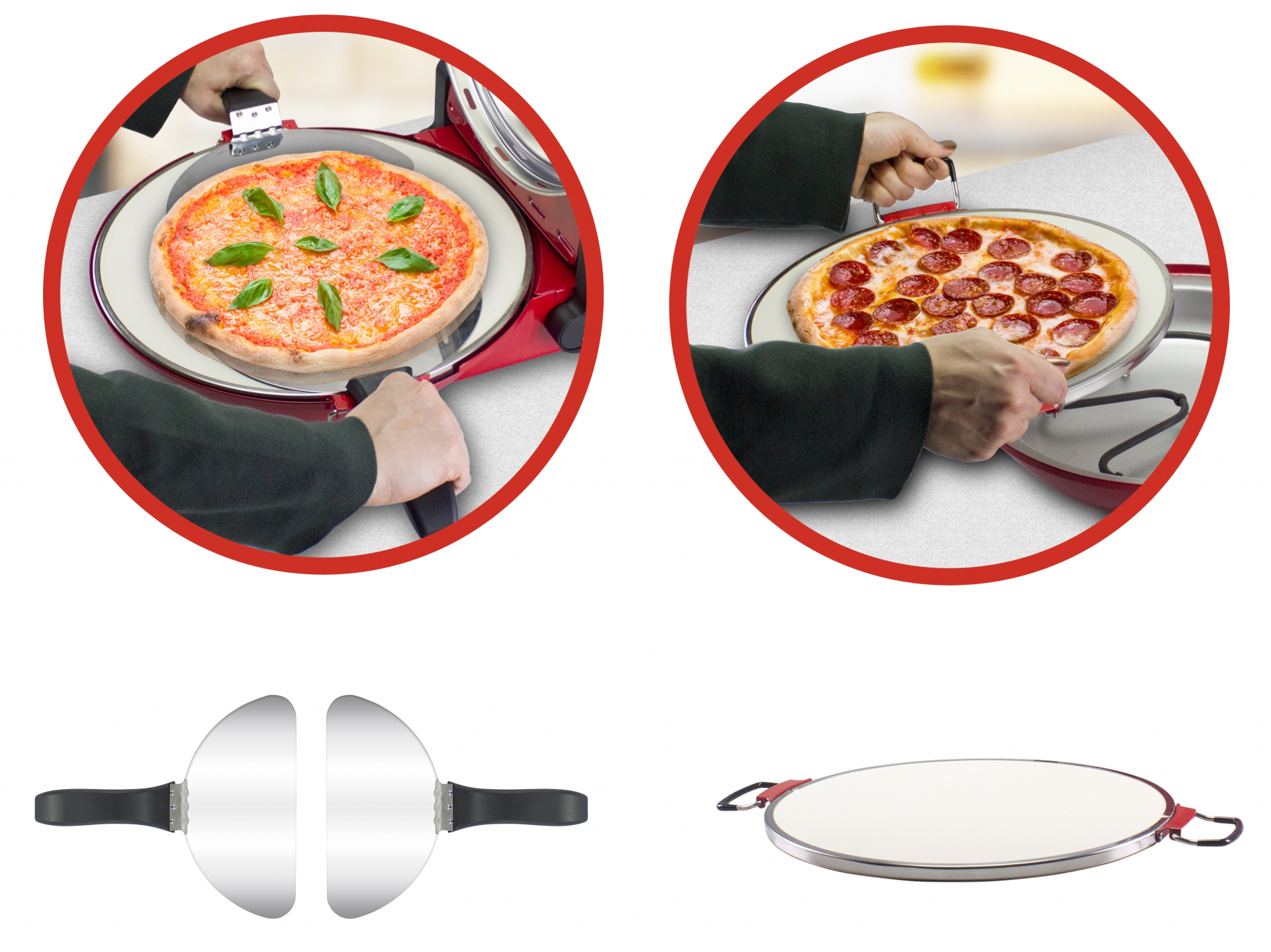 Pizzát sütnek és tálalnak. Kerámia pizzasütők és fogantyúk.