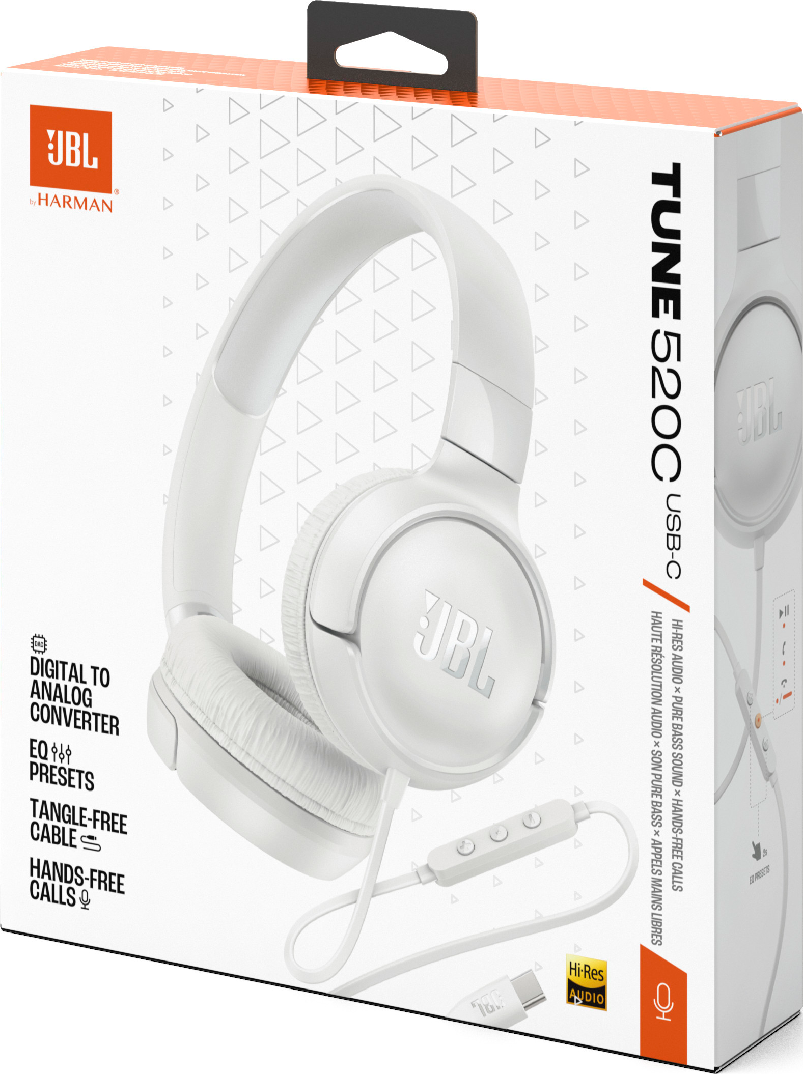 Weiße JBL Tune 520C Kopfhörer in einer Schachtel, mit aufgelisteten Funktionen. Schachtel zeigt die Kopfhörer.