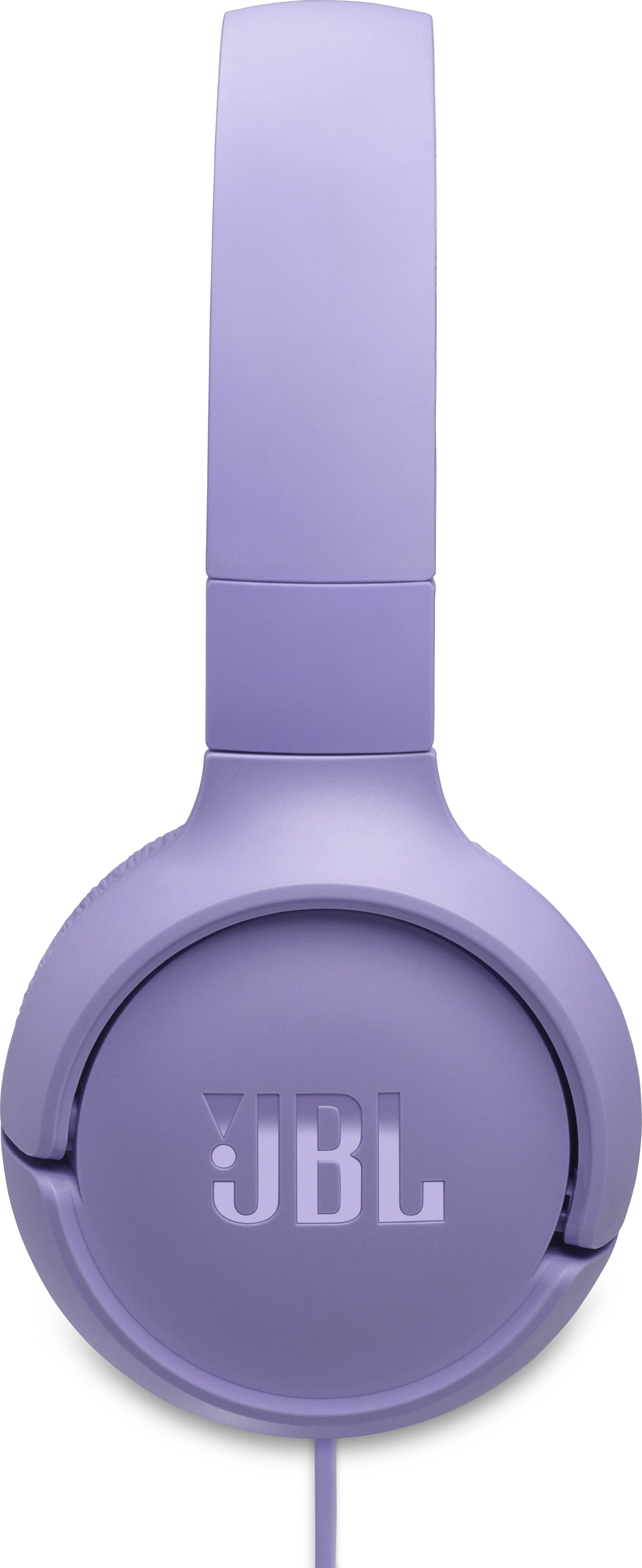 Ein lila JBL-Kopfhörer, das Wort JBL ist sichtbar. Das Kopfhörerband befindet sich oben und die Ohrmuschel unten.