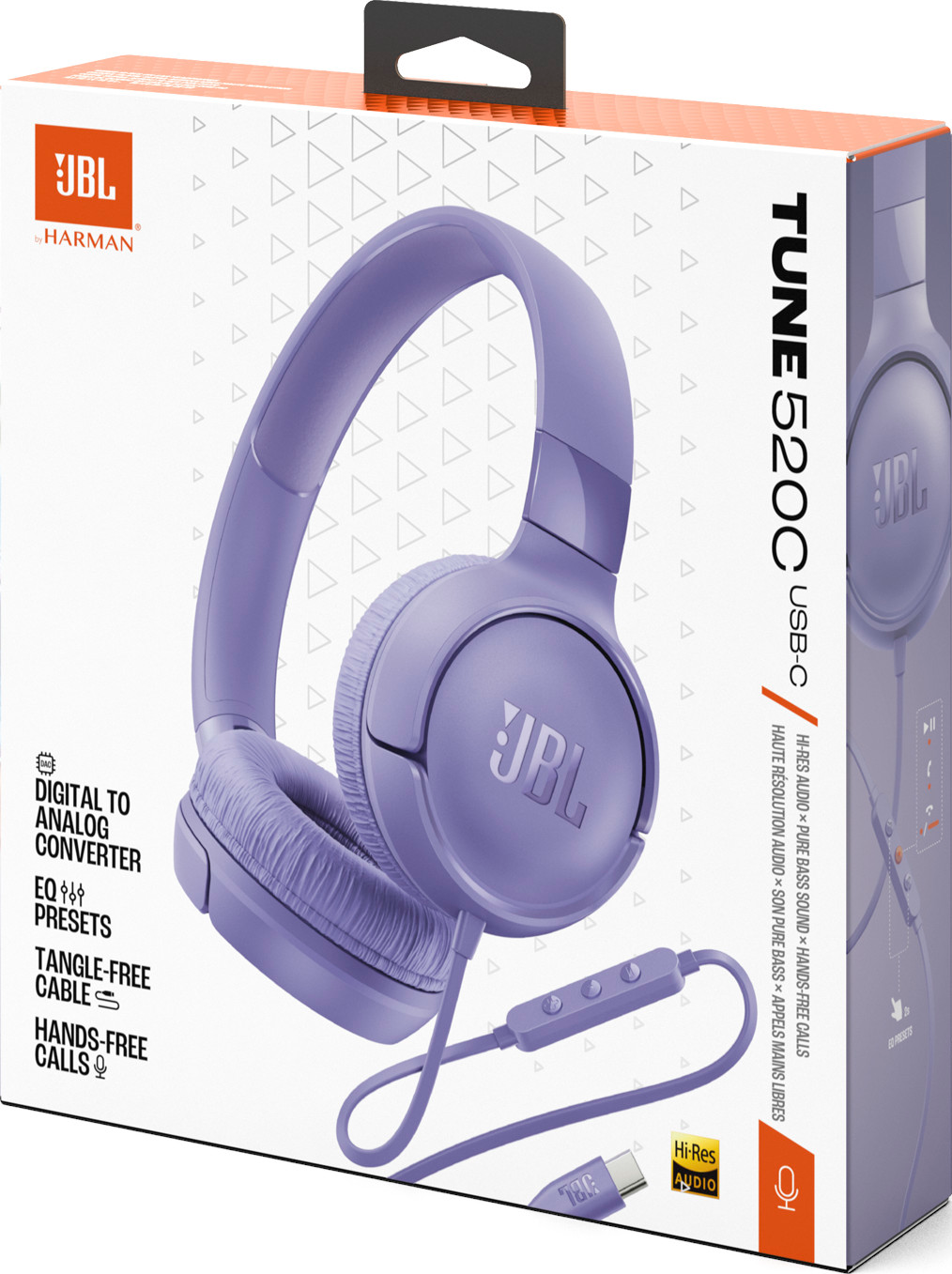 Ein lila JBL Tune 520C Headset auf einer weißen Schachtel. Die Schachtel hat das JBL-Logo, Produktmerkmale und die Aufschrift "TUNE 520C USB-C".