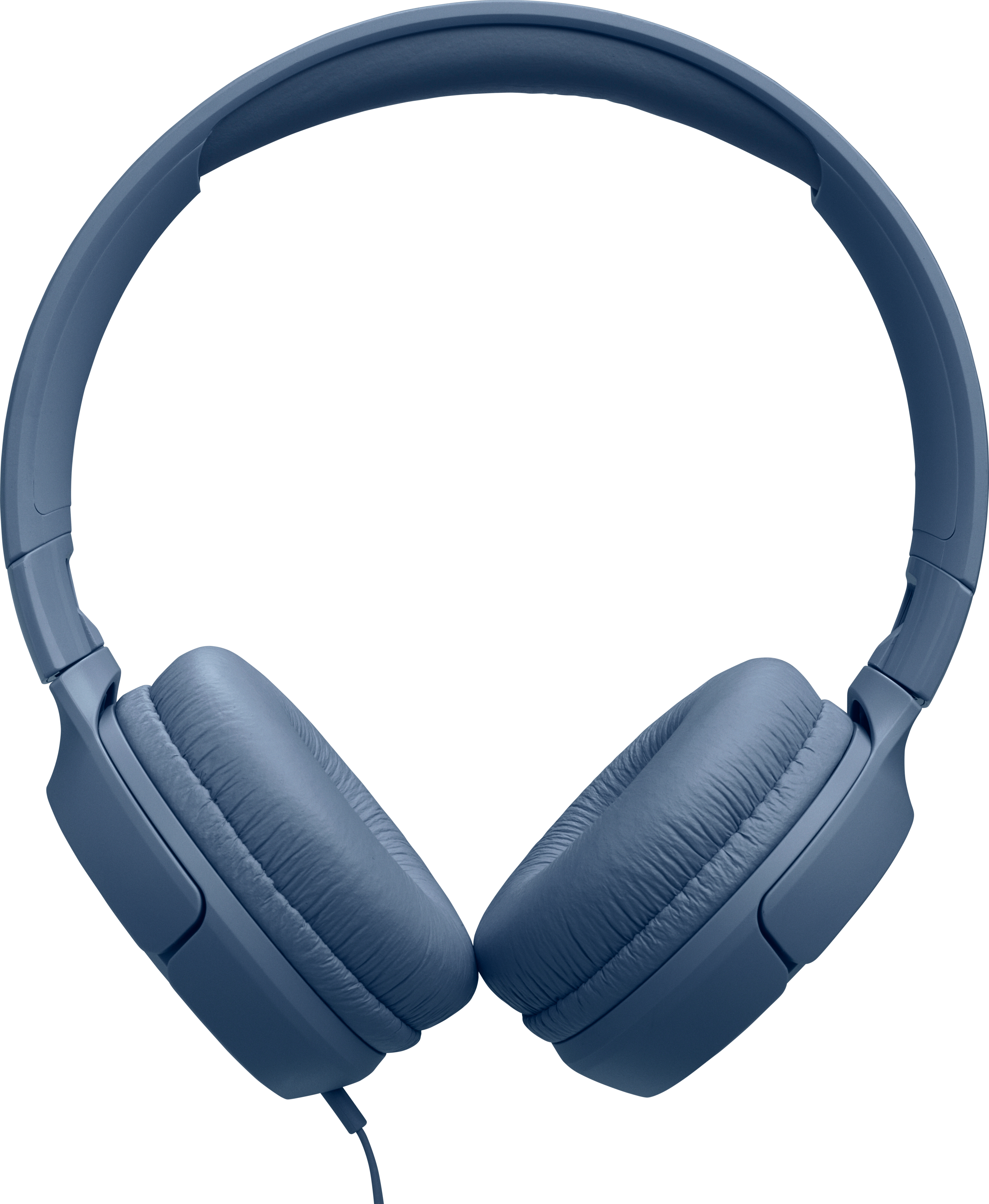 Ein Paar blaue Kopfhörer. Die Ohrmuscheln sind gepolstert und durch ein verstellbares Kopfband verbunden, mit einem Kabel an einer Seite.