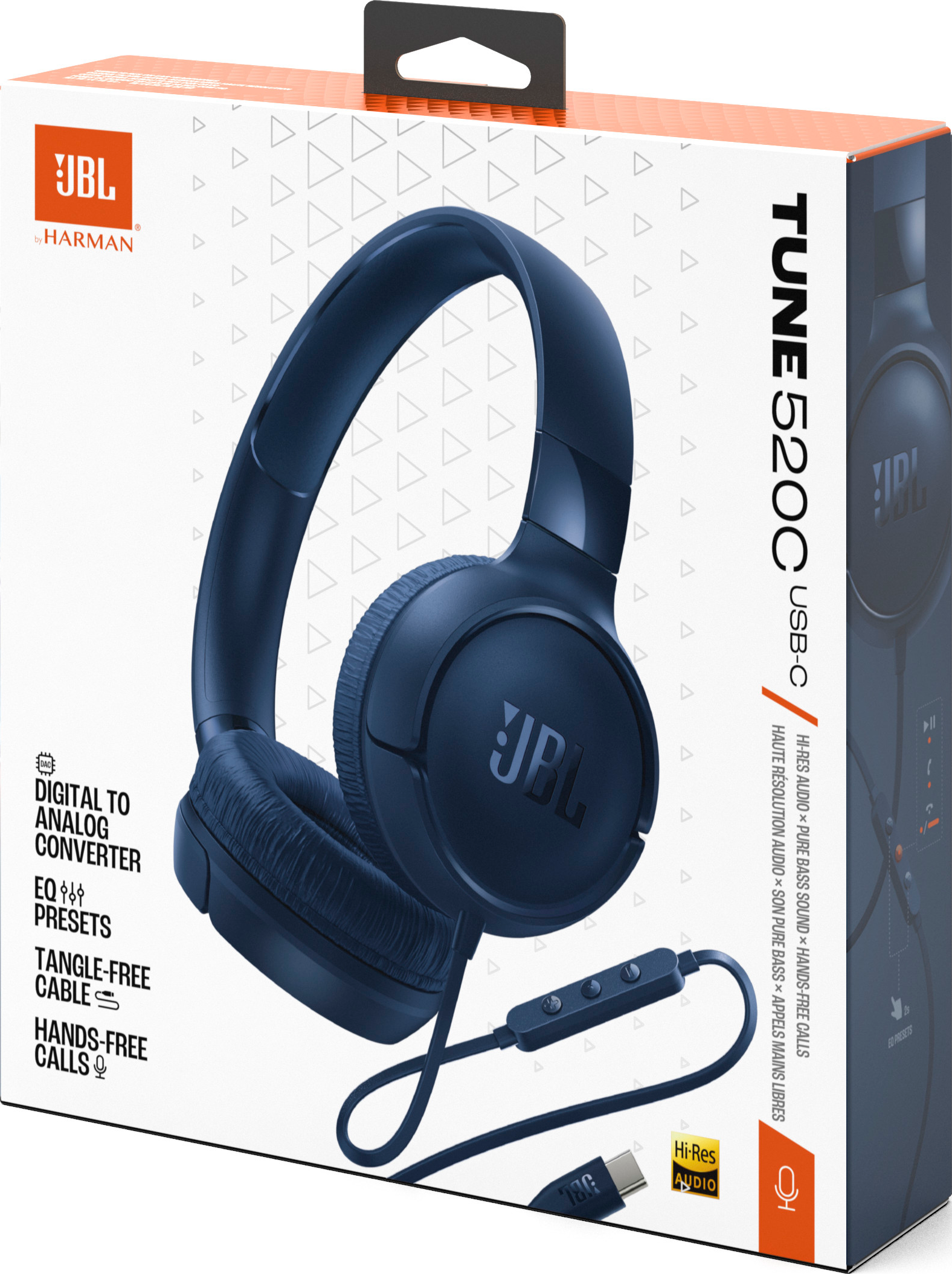 Eine marineblaue JBL Tune 520C USB-C Kopfhörerbox. Die Kopfhörer werden vor der Box angezeigt.