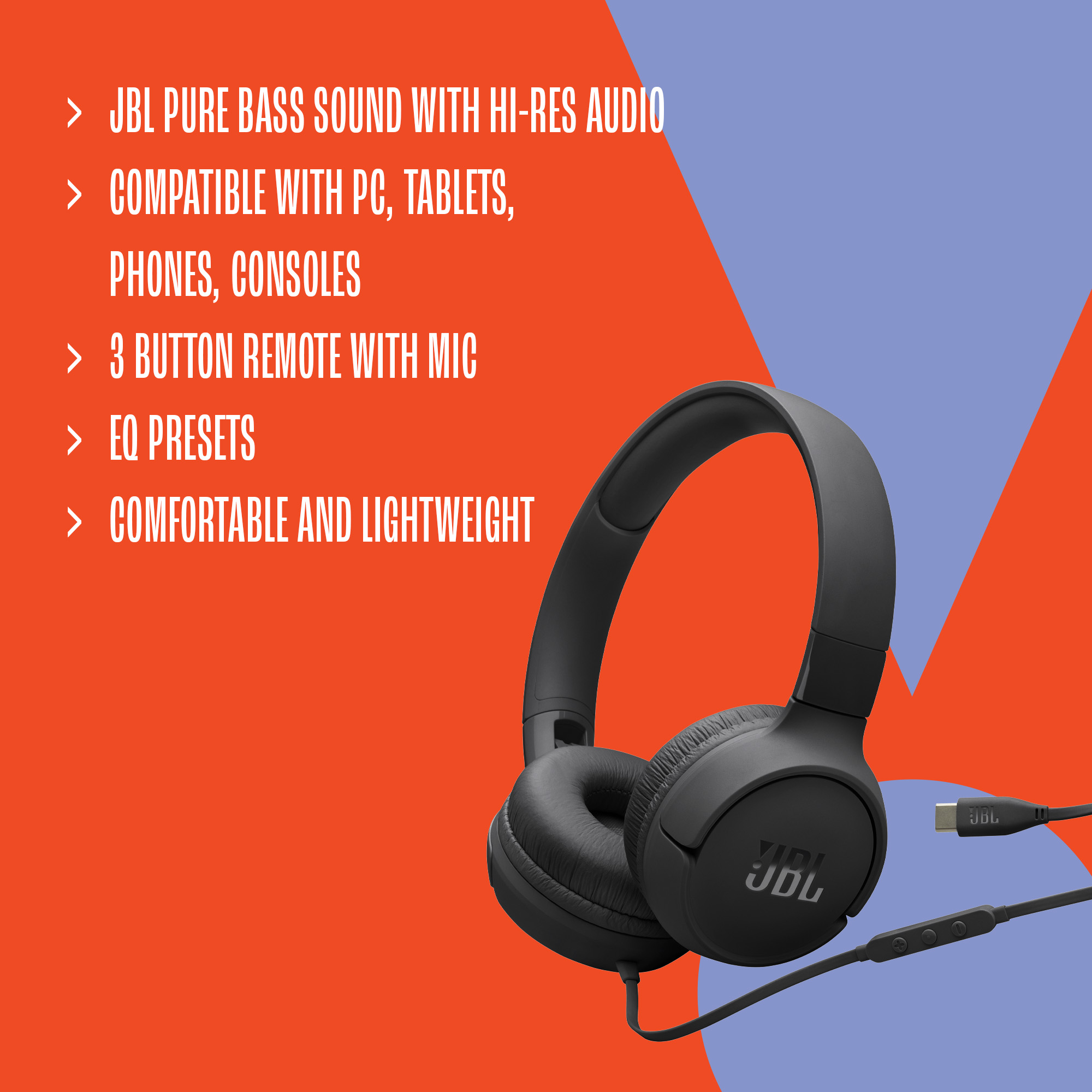 Schwarze JBL-Kopfhörer. Merkmale: JBL Pure Bass, 3-Tasten-Fernbedienung und komfortables Design. Vor rotem und lila Hintergrund.