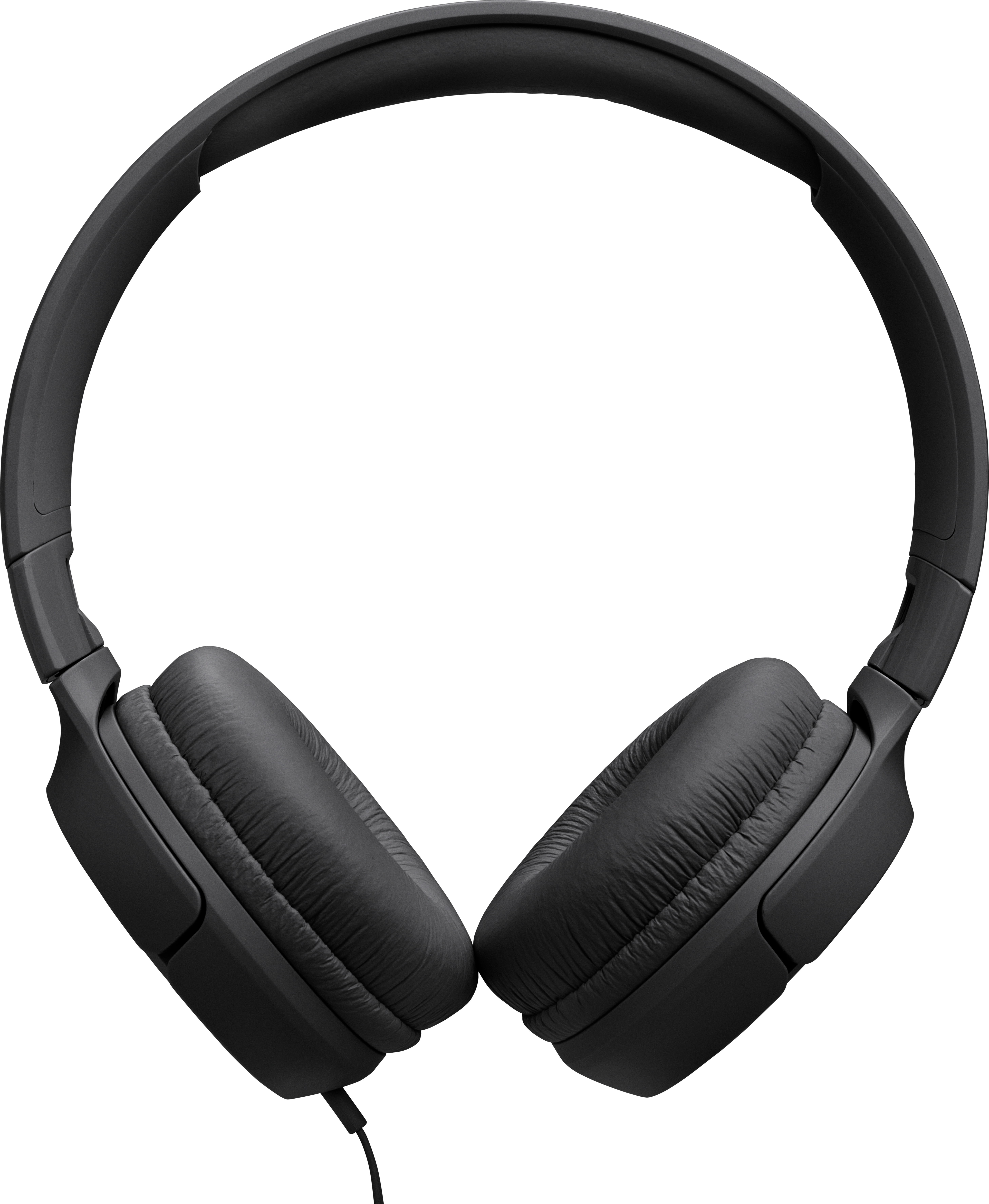 Schwarze Kopfhörer mit Ohrmuscheln und einem Kopfband. Ein Kabel geht von der linken Ohrmuschel aus. Der Hintergrund ist weiß.