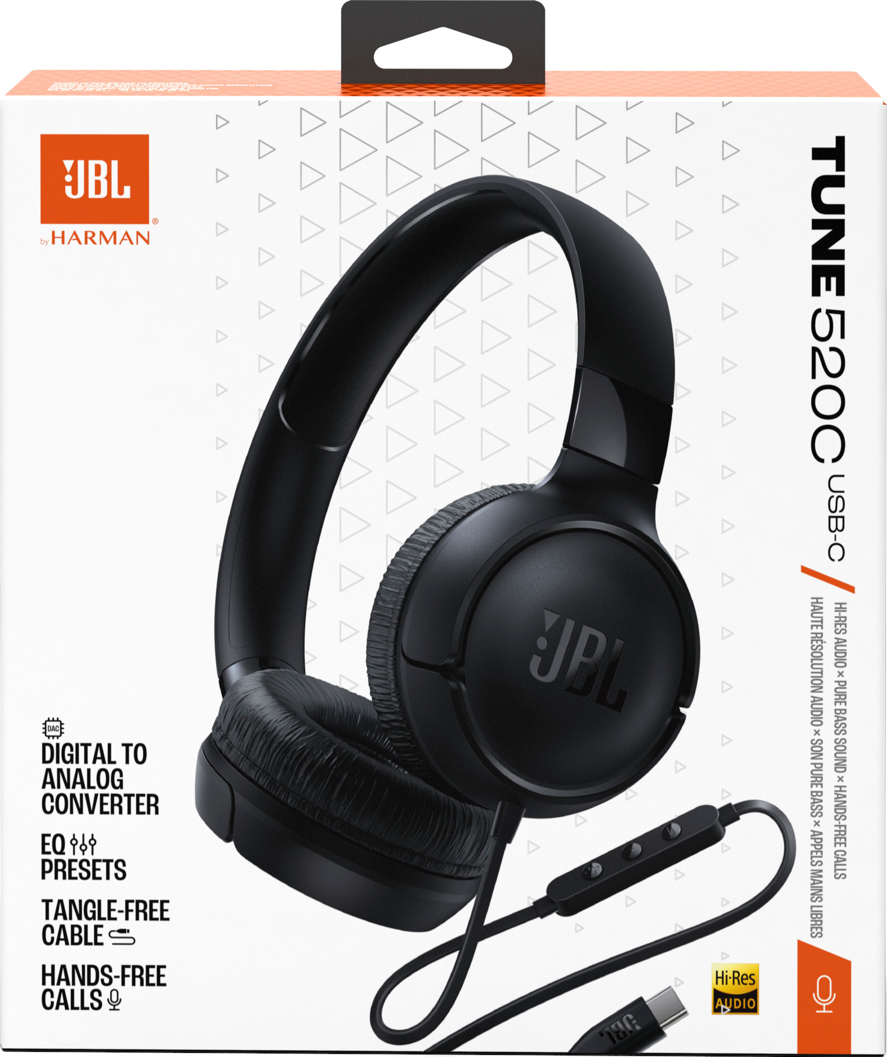 Schwarzer JBL Tune 520C Kopfhörer auf Verpackung. Merkmale: High-Res Audio, Pure Bass und Freisprechen.