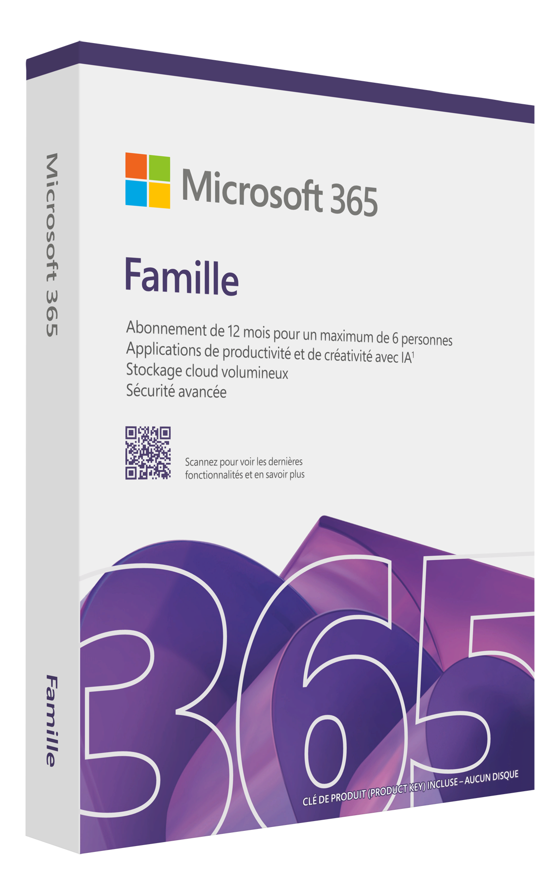Scatola di Microsoft 365. Sfondo bianco con '365' stilizzato in viola e dettagli del prodotto in francese.