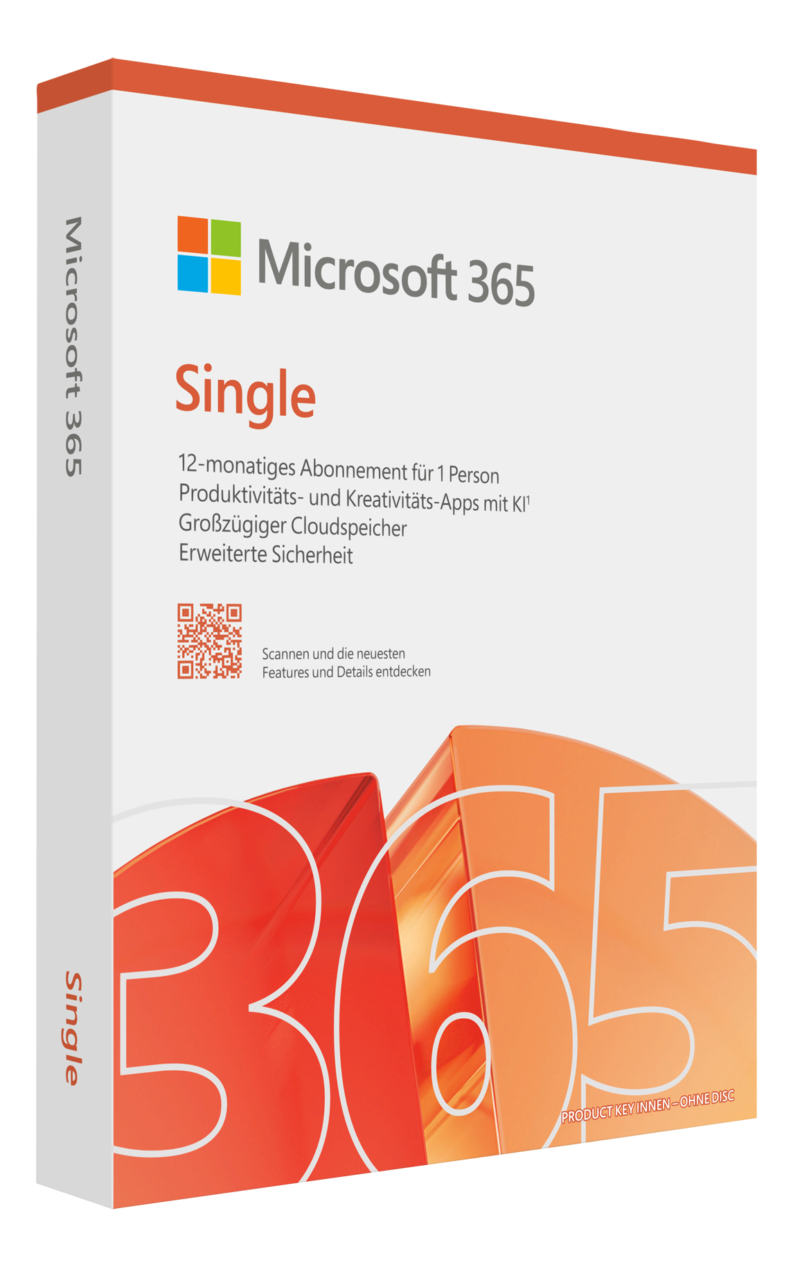 Boîte du logiciel Microsoft 365. Boîte blanche avec des accents orange et bleus, détails produit.