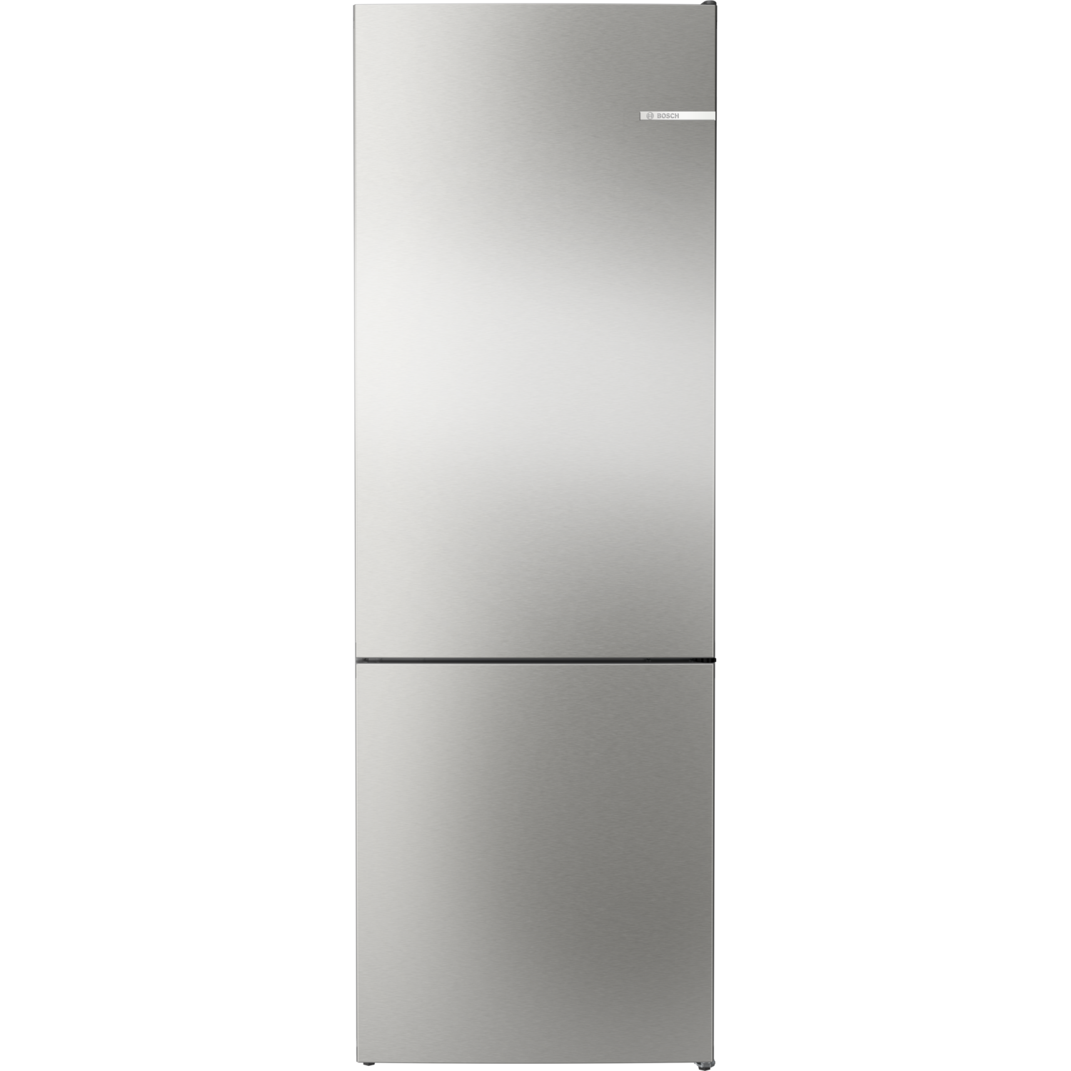 Zilveren Bosch koelkast met een vrieslade onderaan. De koelkast is hoog en heeft een strak design.