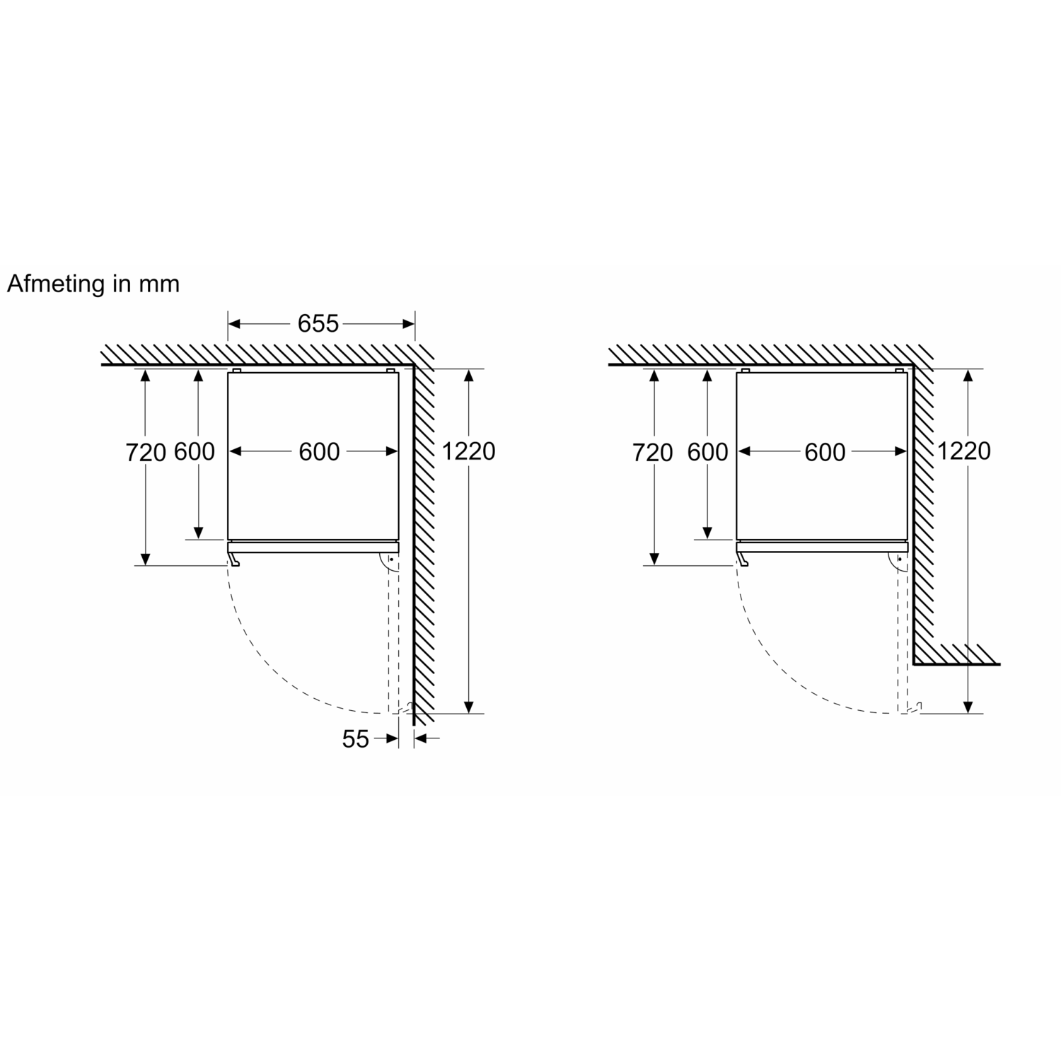 Diagram van een keukenkast met afmetingen in mm. Twee sets afmetingen zijn voorzien.