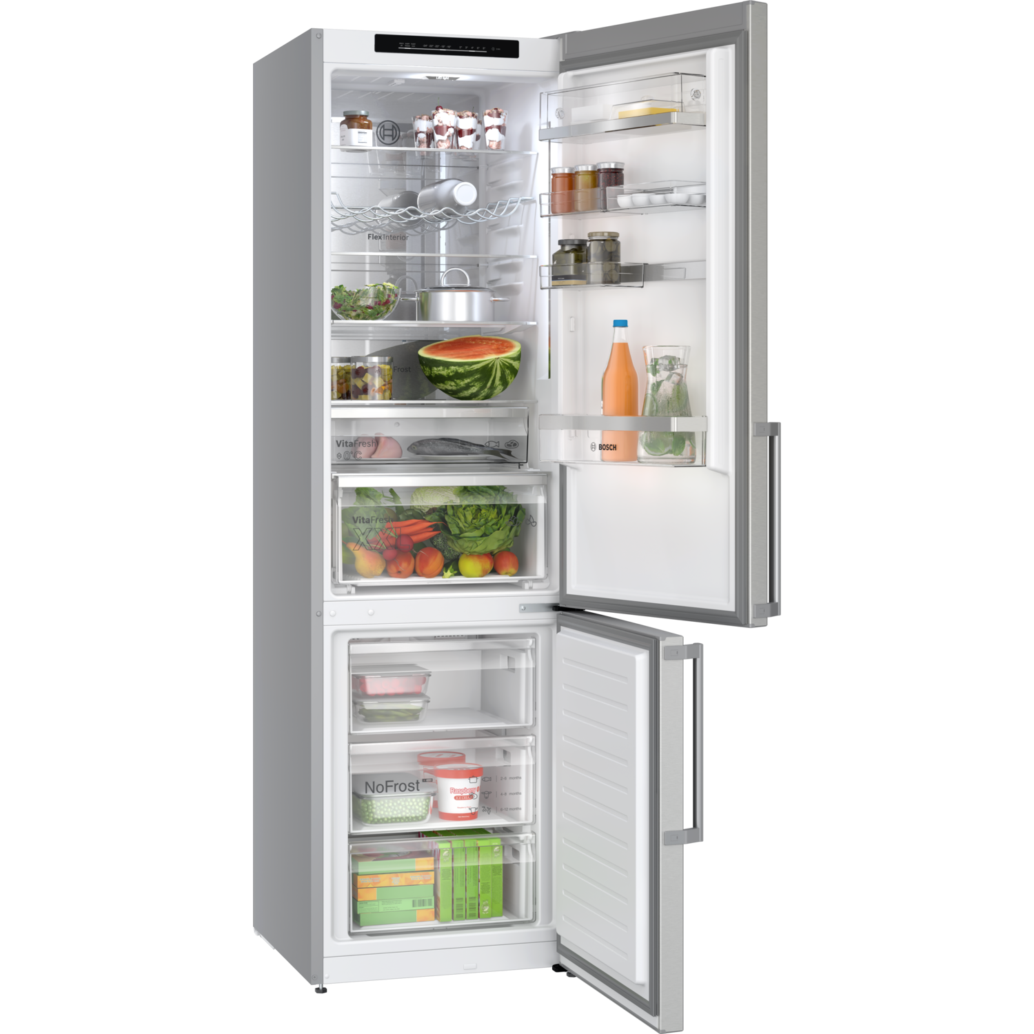 Open refrigerator with shelves and drawers, filled with food items, including fruits, vegetables, and drinks.