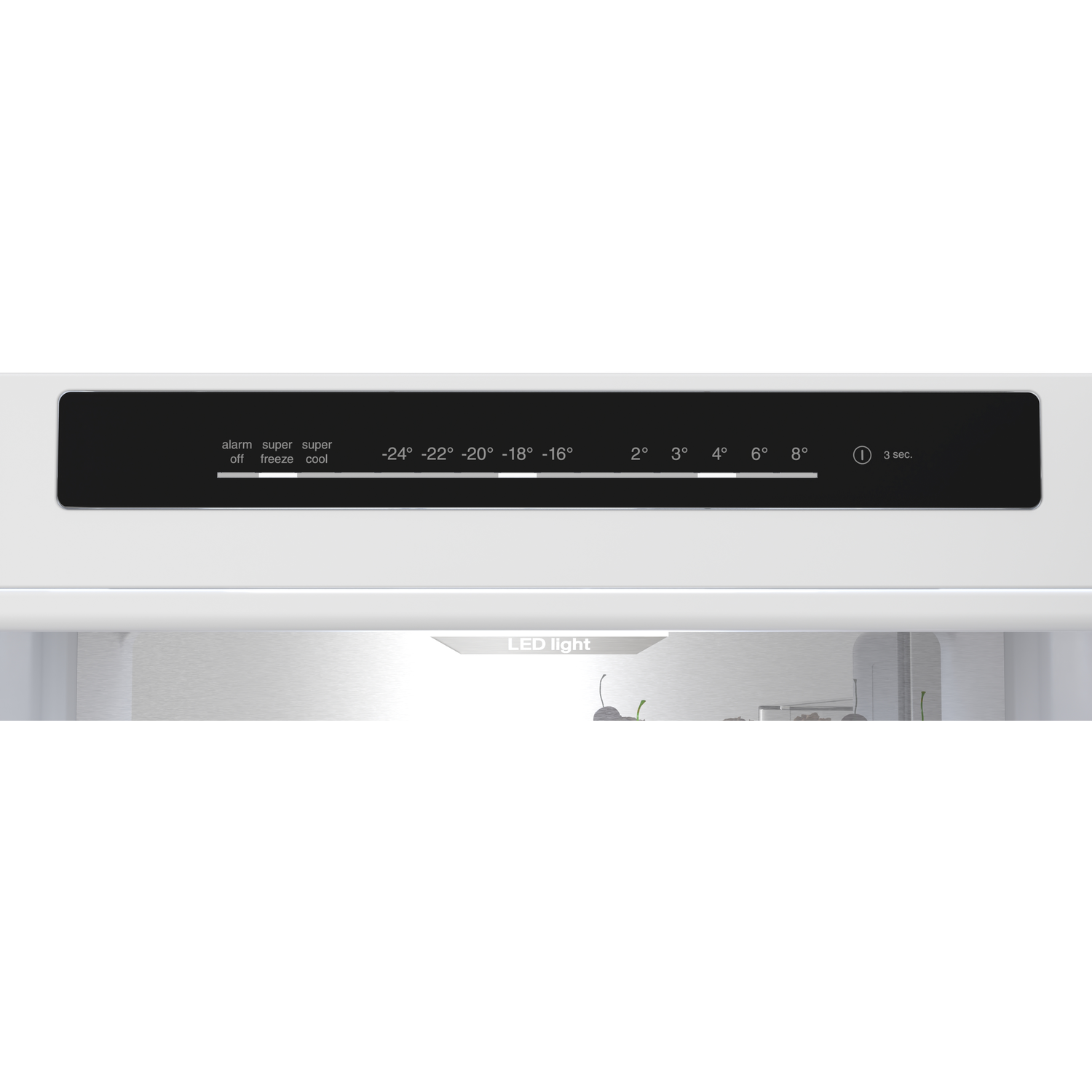 Refrigerator control panel with temperature settings and functions. LED light illuminates the interior, with cherries visible.