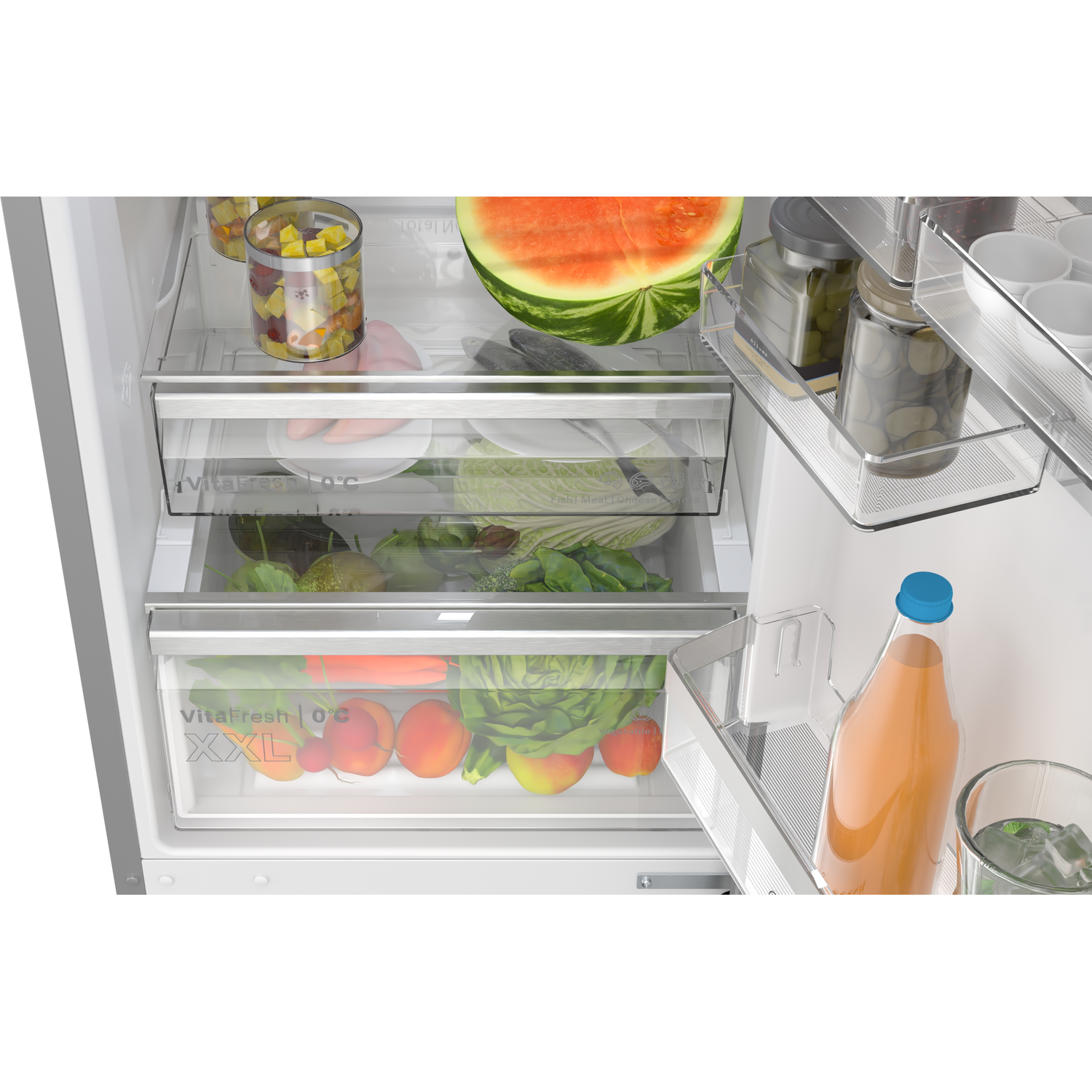 Inside a refrigerator, food items are stored in clear drawers.