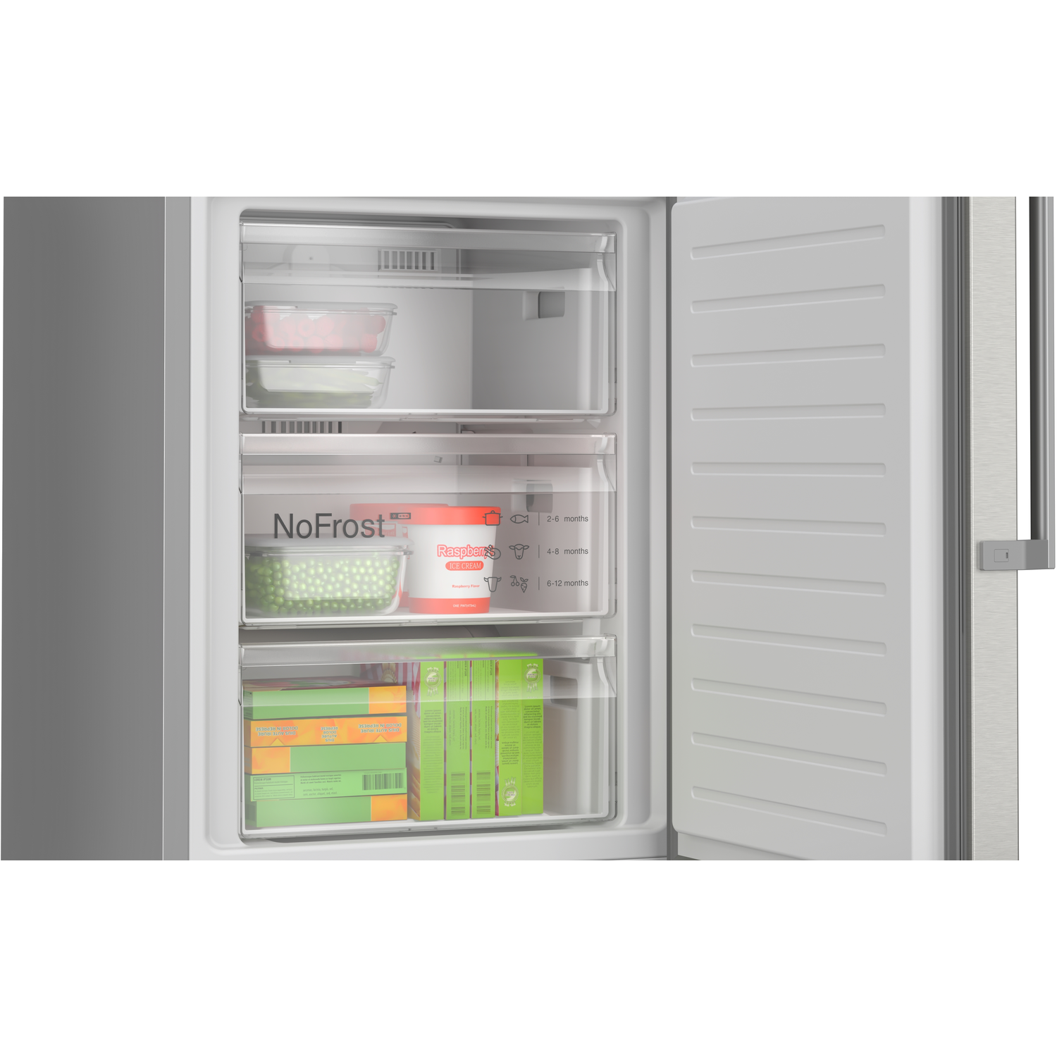Open refrigerator with drawers containing food, labeled 'NoFrost' on the door.