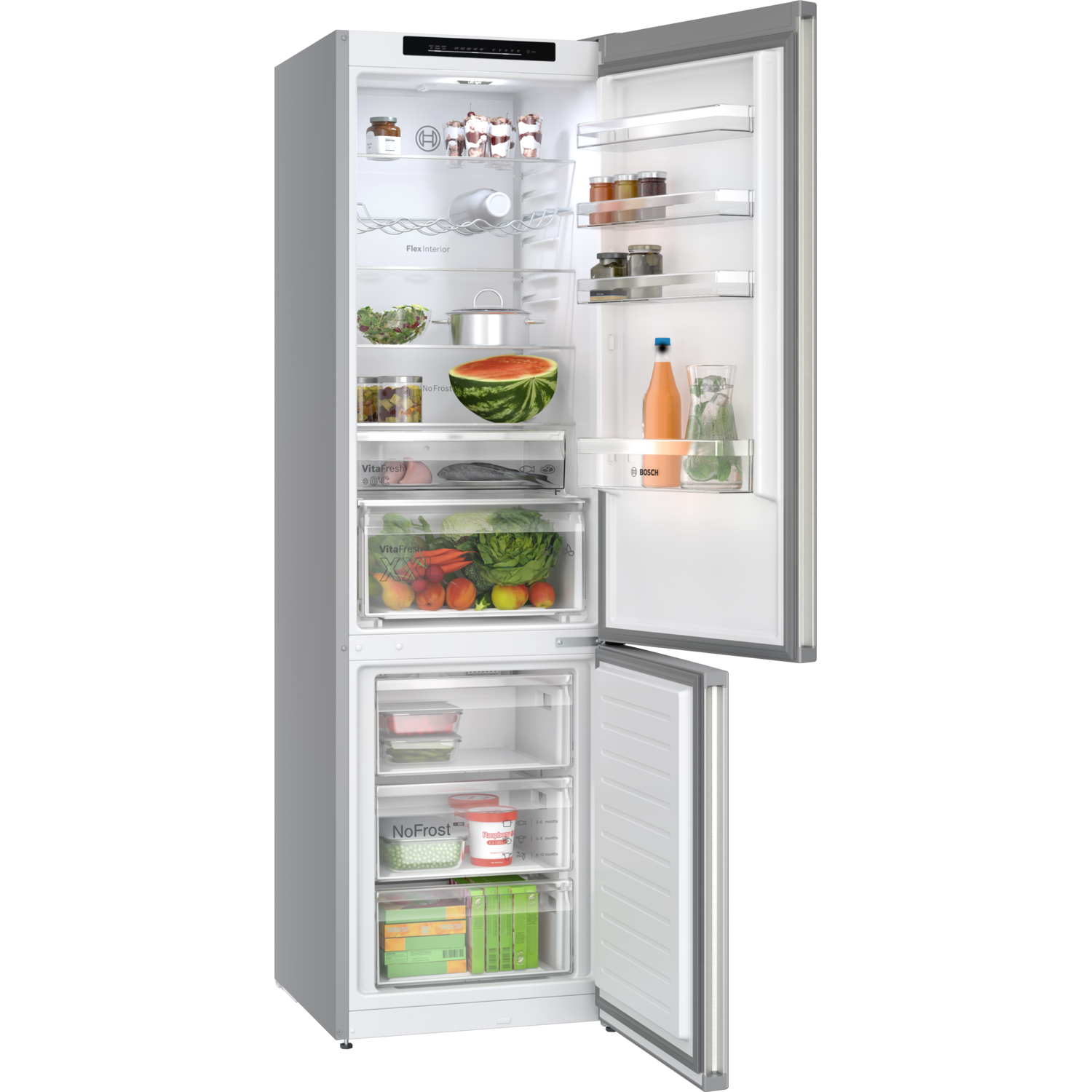 Refrigerator with open doors, showing shelves with food. Includes water, fruits and drawers with vegetables.