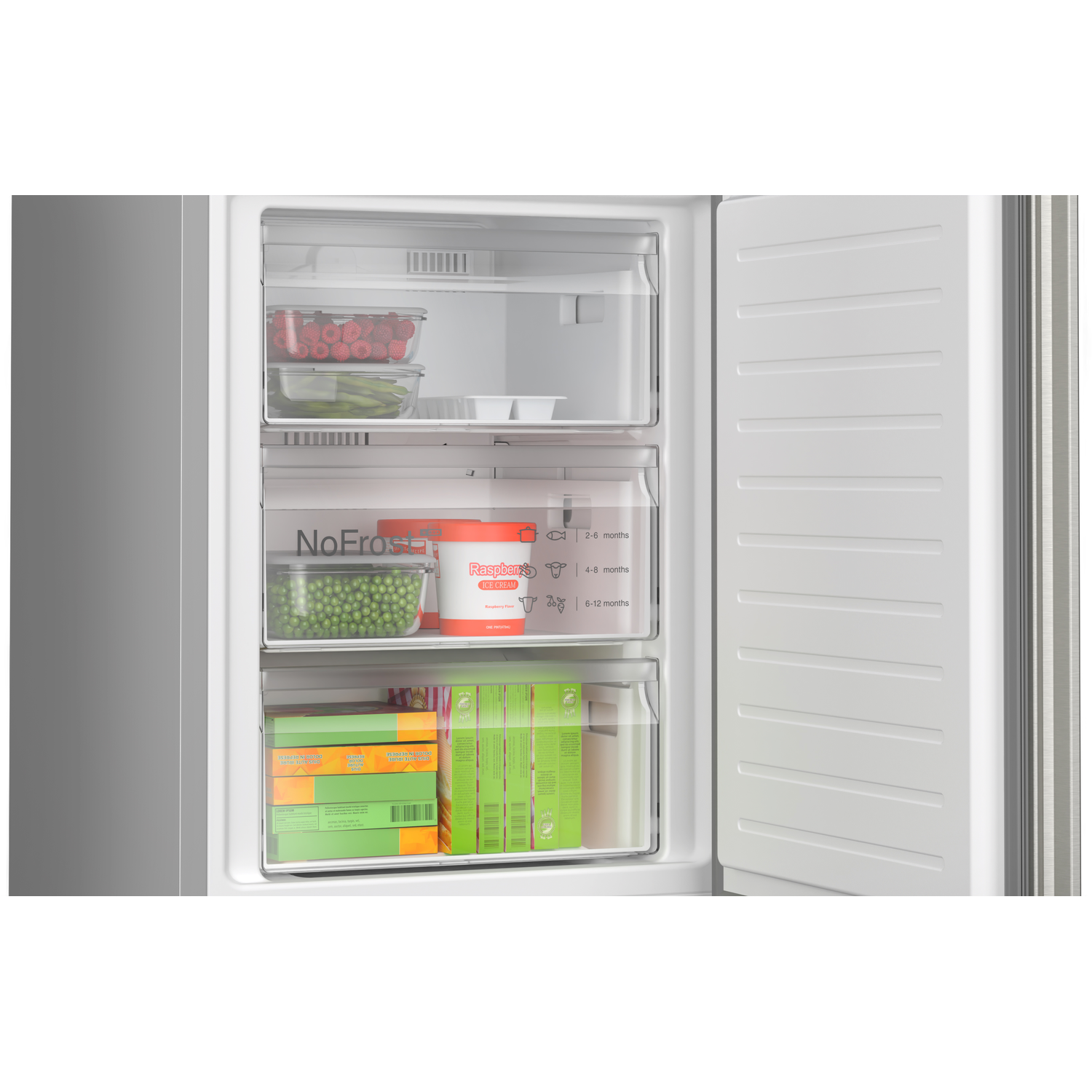 Open freezer showing raspberries, peas, ice cream, and frozen meals. The freezer is white with a gray side.