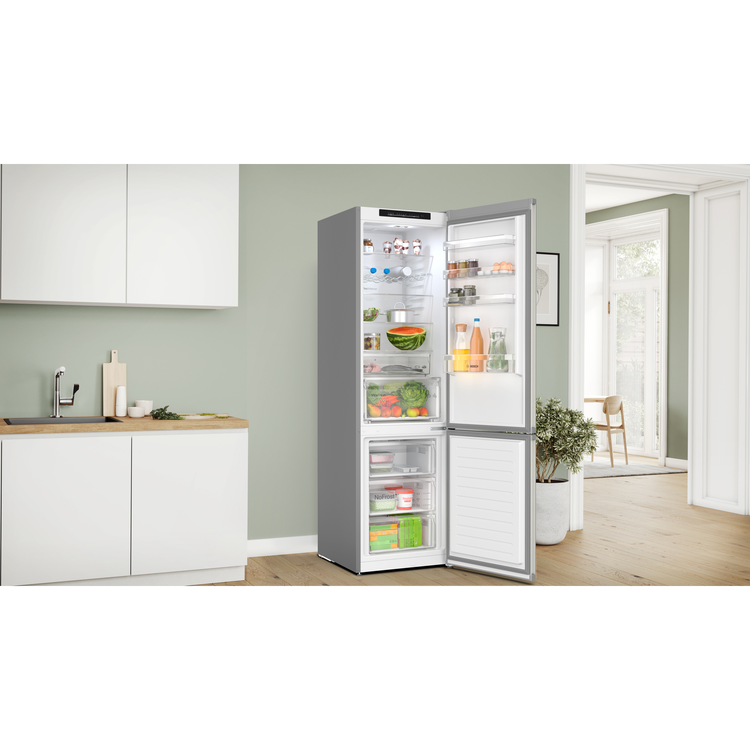 Refrigerator with open door, filled with food.