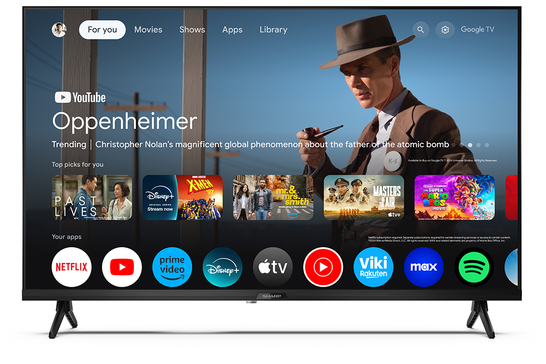 Nagy TV képernyő Google TV felülettel, az Oppenheimer filmet mutatja.