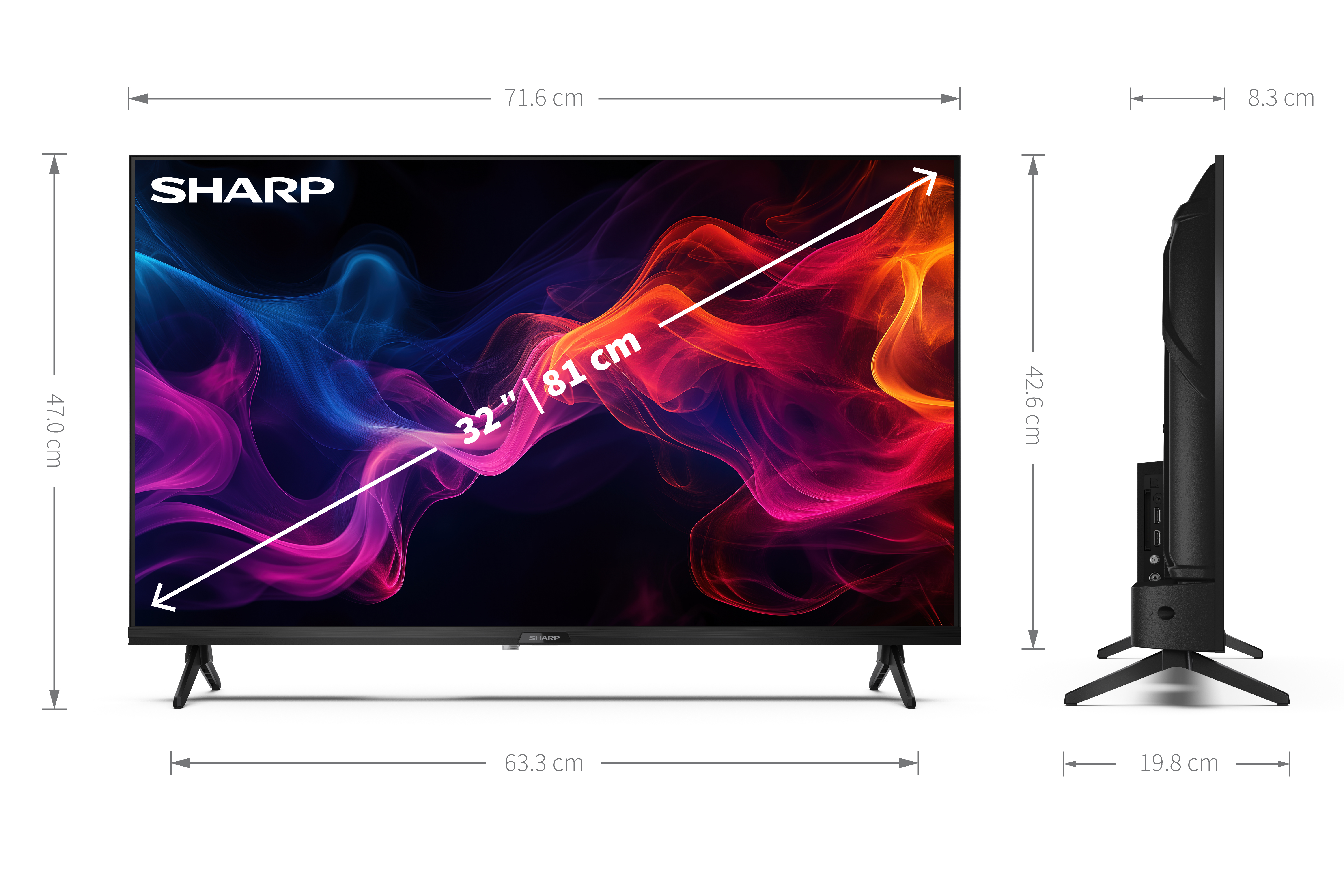Sharp 32 hüvelykes TV, méretekkel, színes háttérrel.