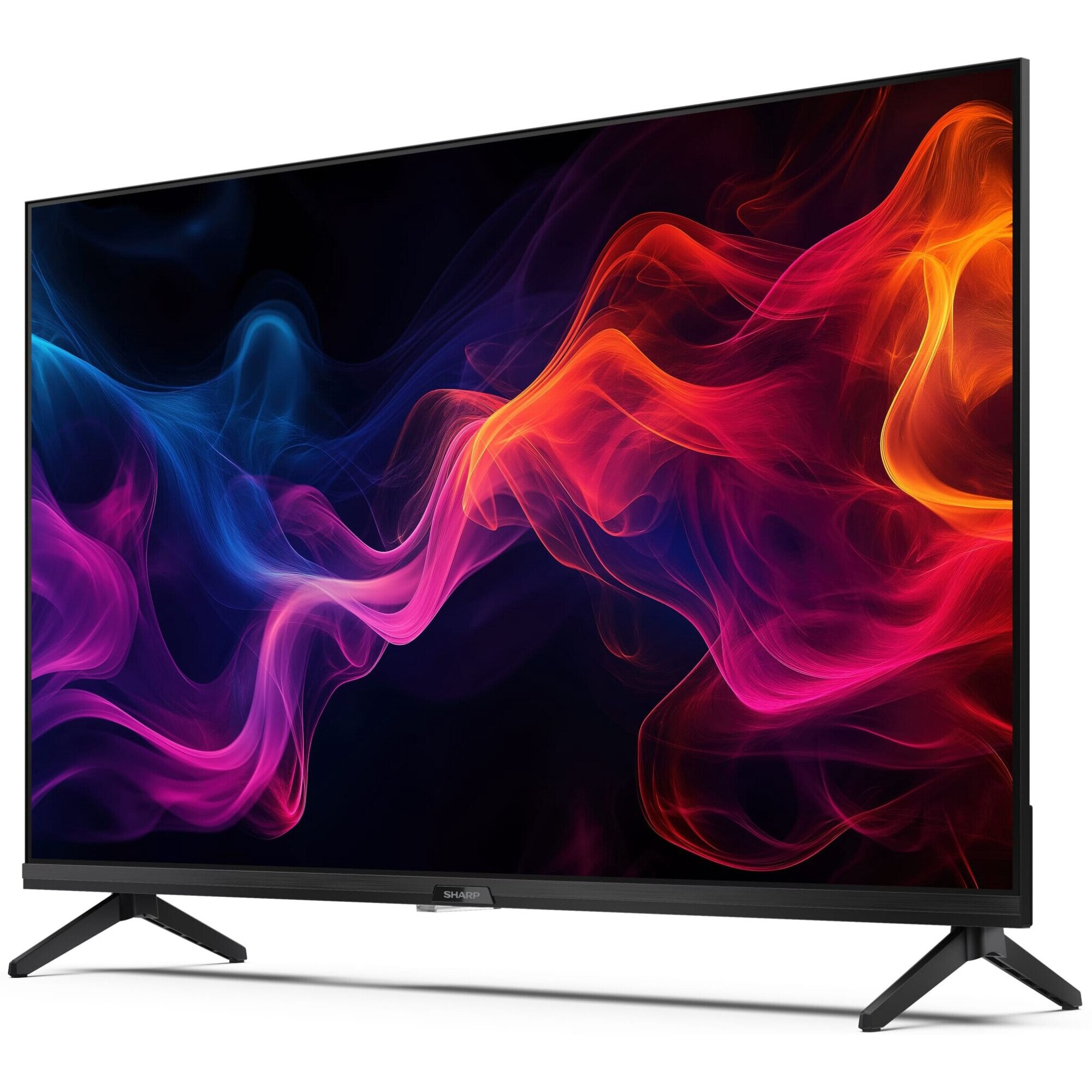 Egy fekete keretű és állványú Sharp TV, színes absztrakt művészetet jelenít meg.