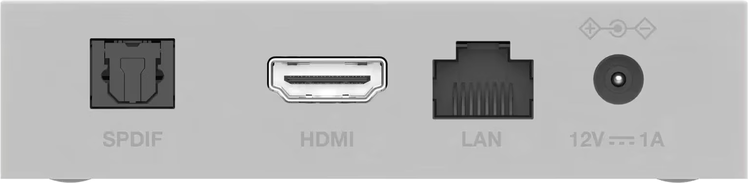 Arrière de l'appareil gris avec connecteurs SPDIF, HDMI, LAN et alimentation, ports noirs.