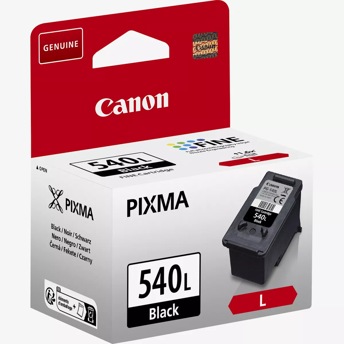 Czarny wkład atramentowy Canon Pixma 540L jest wyświetlany w swoim opakowaniu. Pudełko jest czerwono-białe z logo Canon.