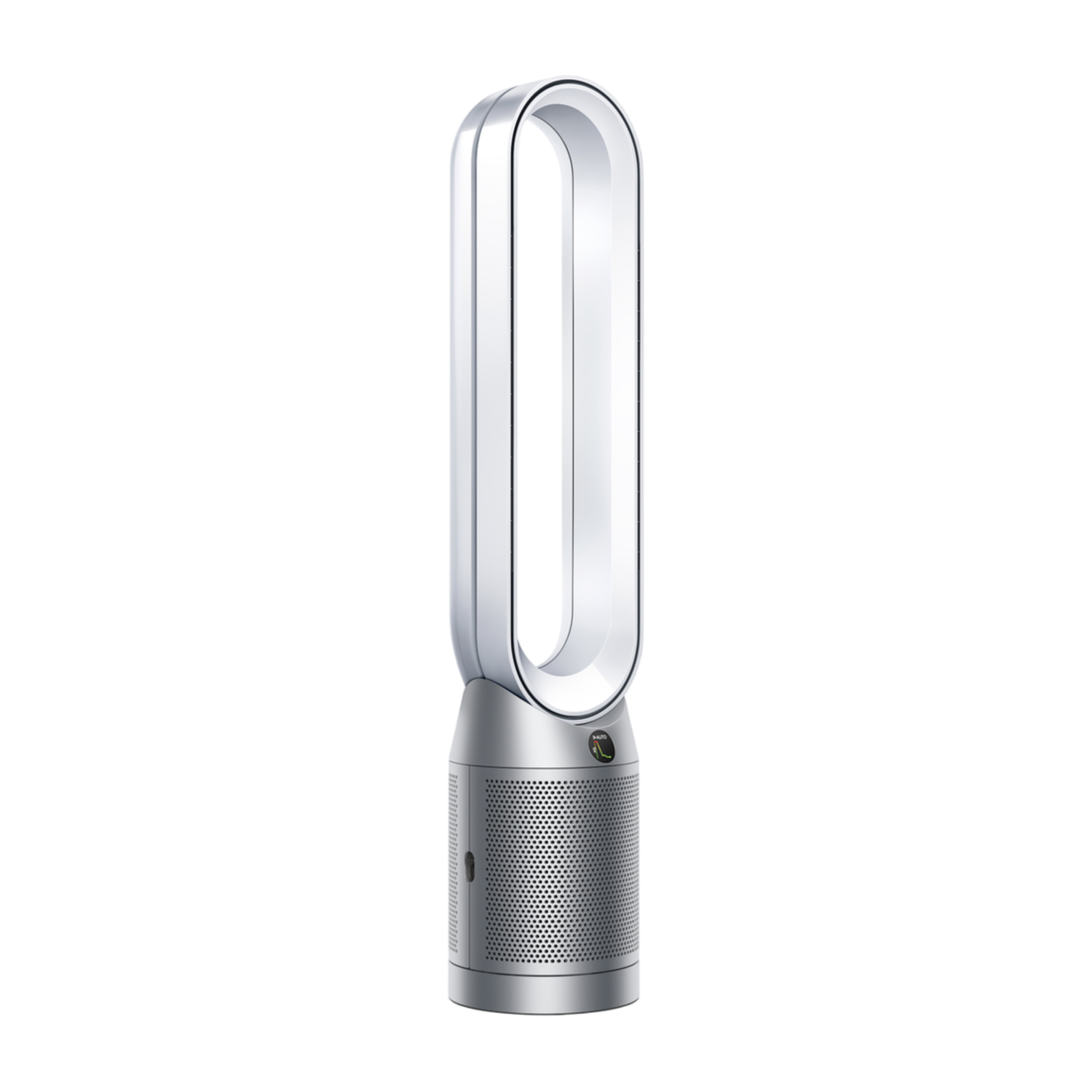Zilveren Dyson-ventilator met een witte, ovale luchtopening en een zwarte achtergrond.