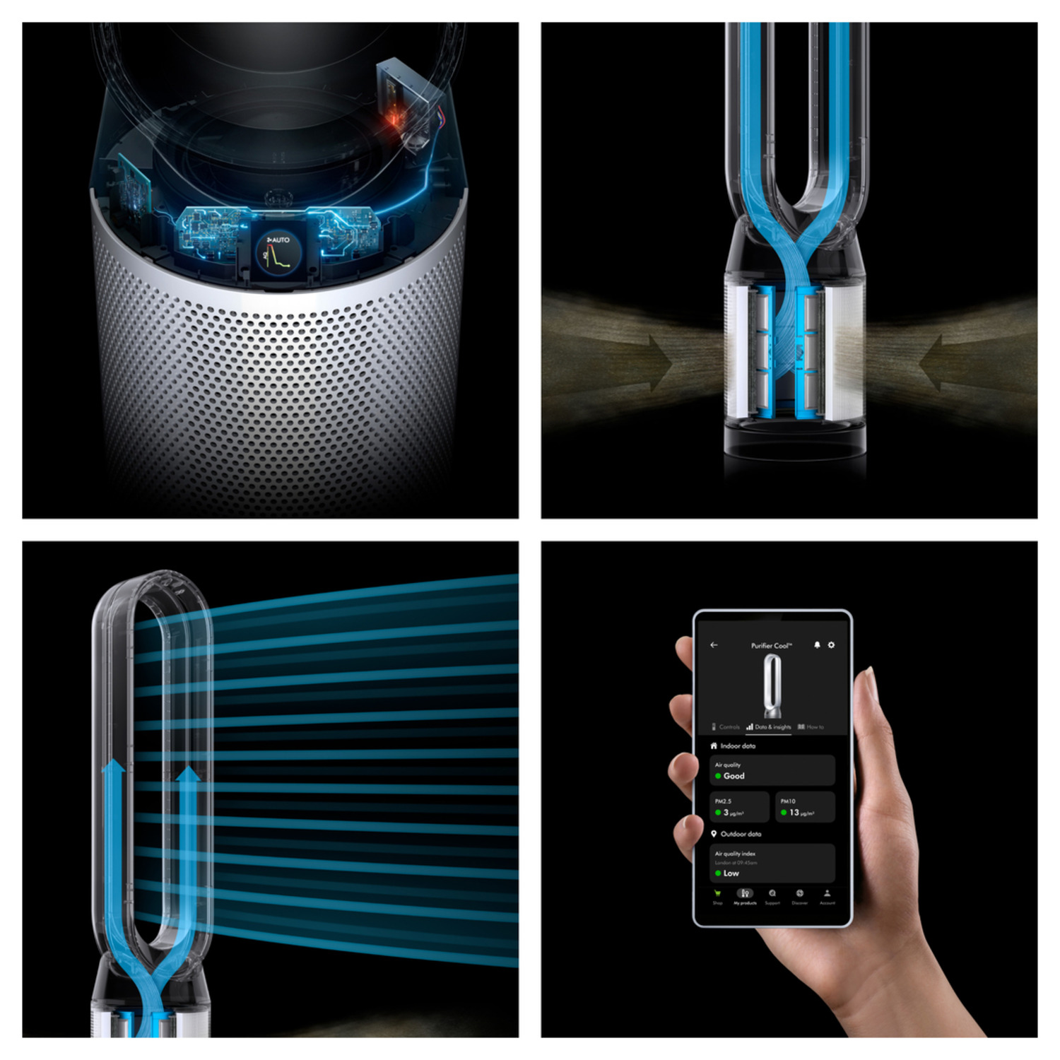 Four images showing the Dyson Purifier Cool air purifier and its features.