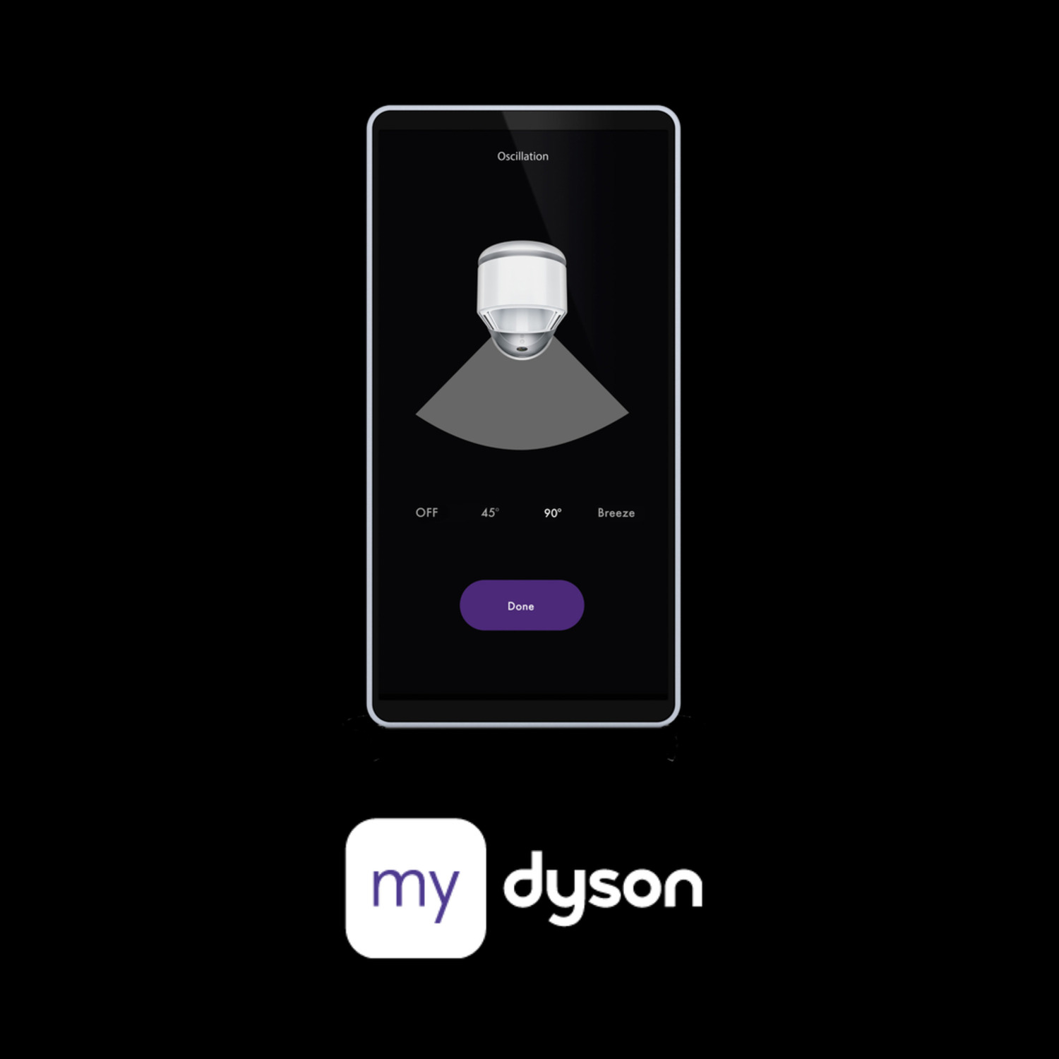 Smartphone screen showing a smart home app interface. White smart home device on the screen. The Dyson brand logo.