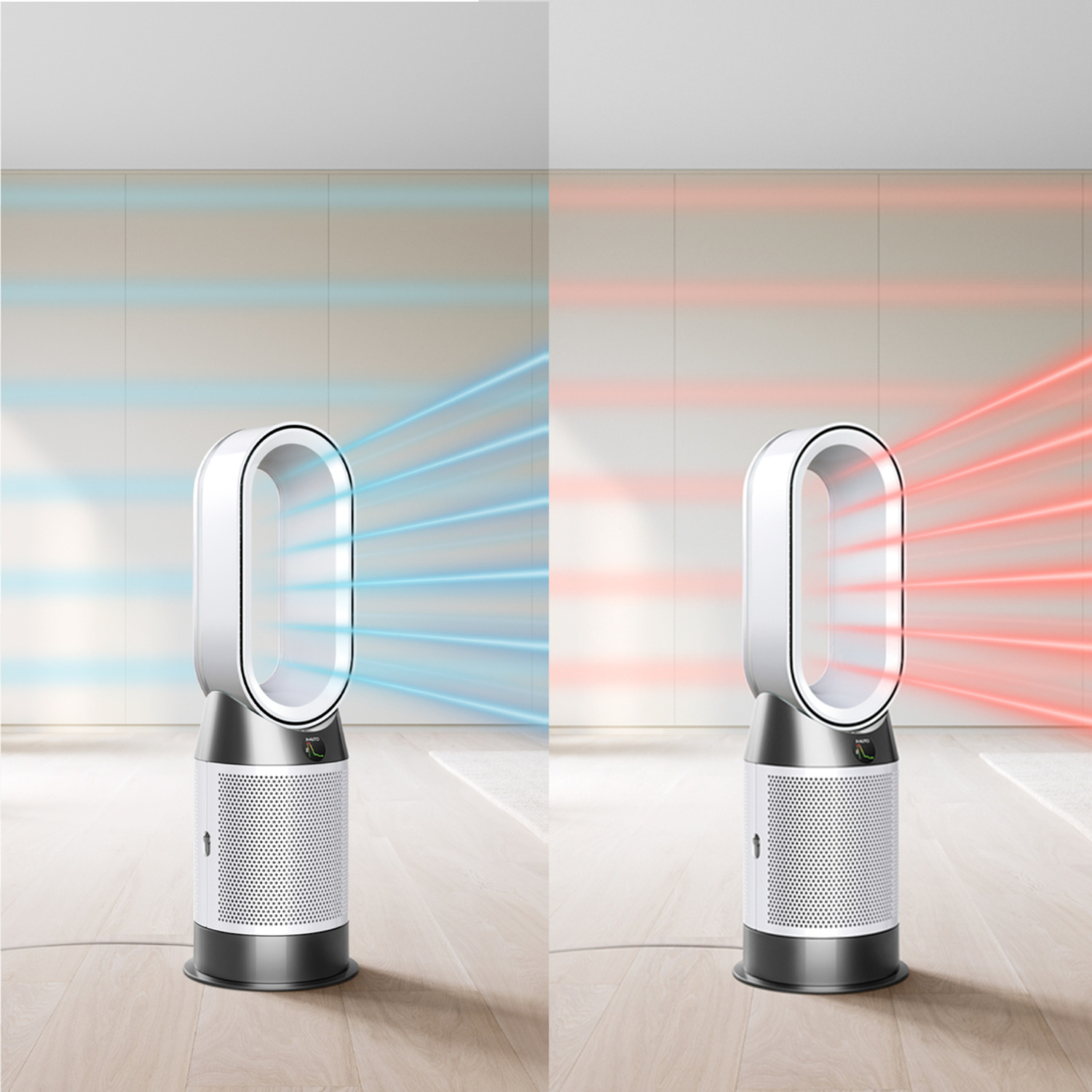Two white and silver fans, one blowing blue air and the other red.