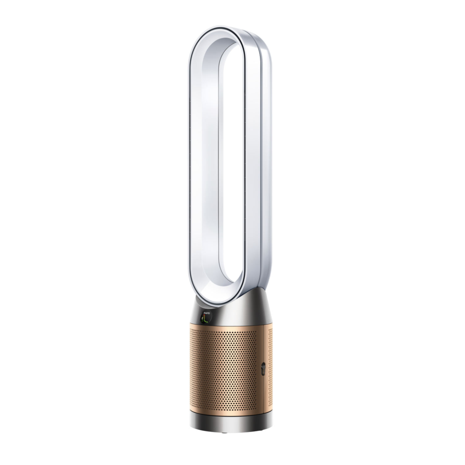 Dyson-ventilator, witte bovenkant, zilveren middengedeelte en bronzen voet. Zwarte achtergrond. Modern design.