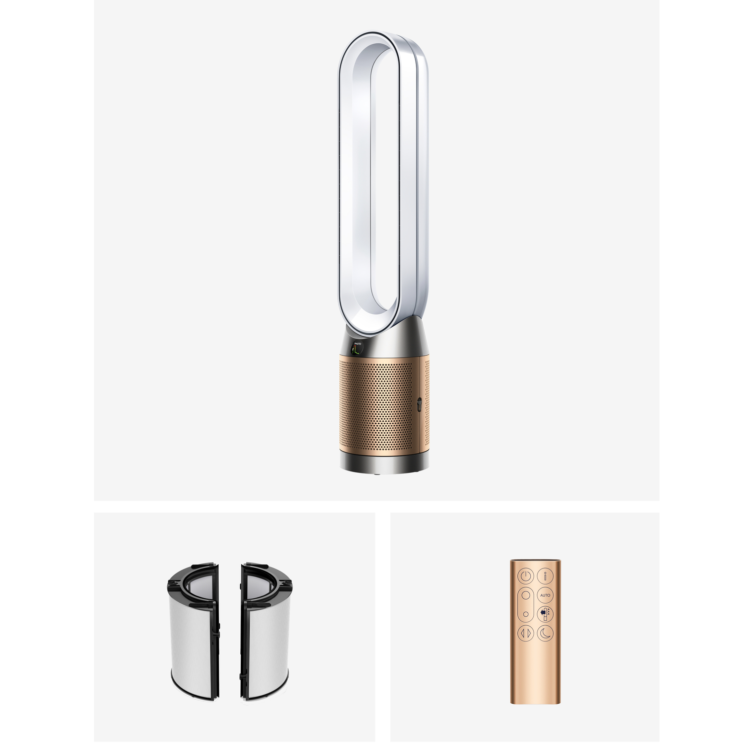 Dyson air purifier with filters and remote, on white. Gold and silver color scheme.