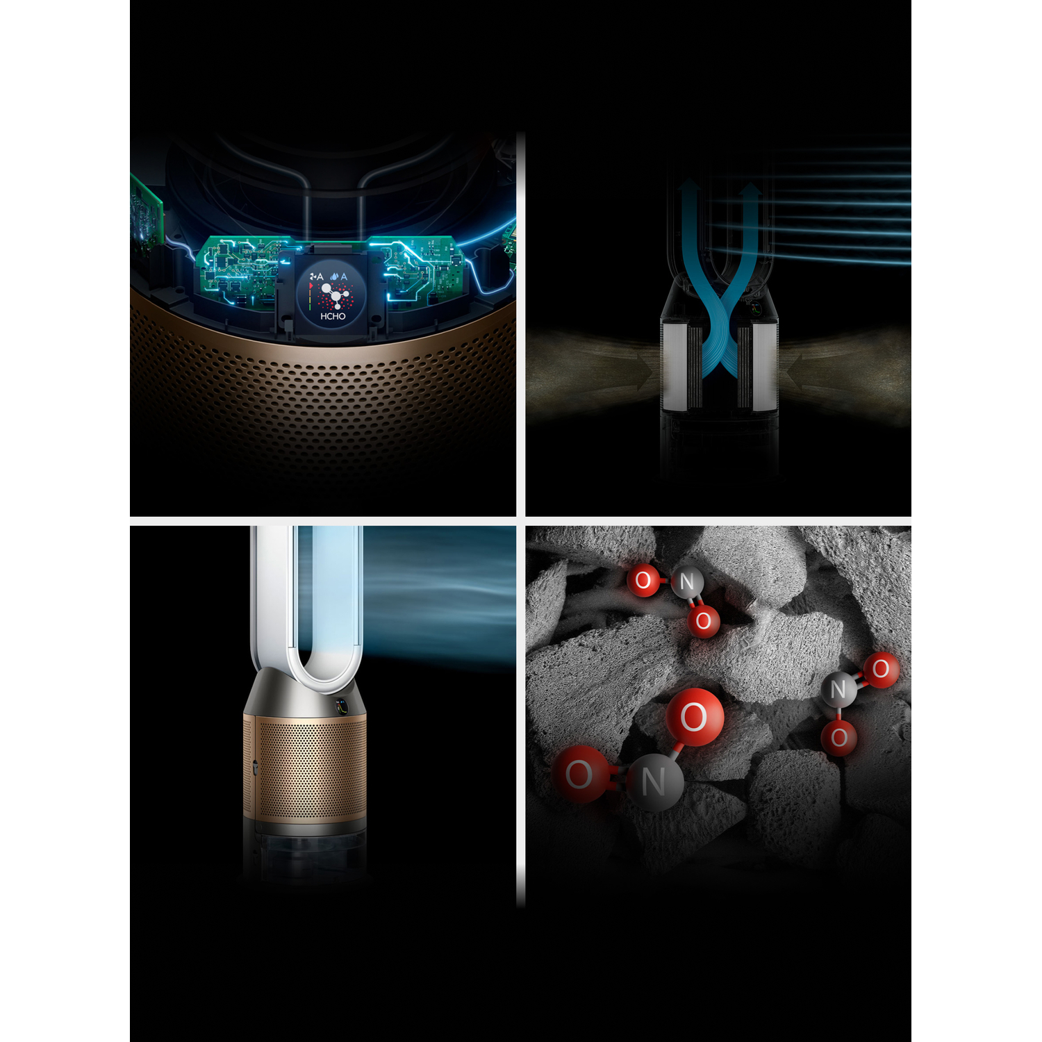Four images showing components. Close-ups of air purifier parts and a chemical diagram.