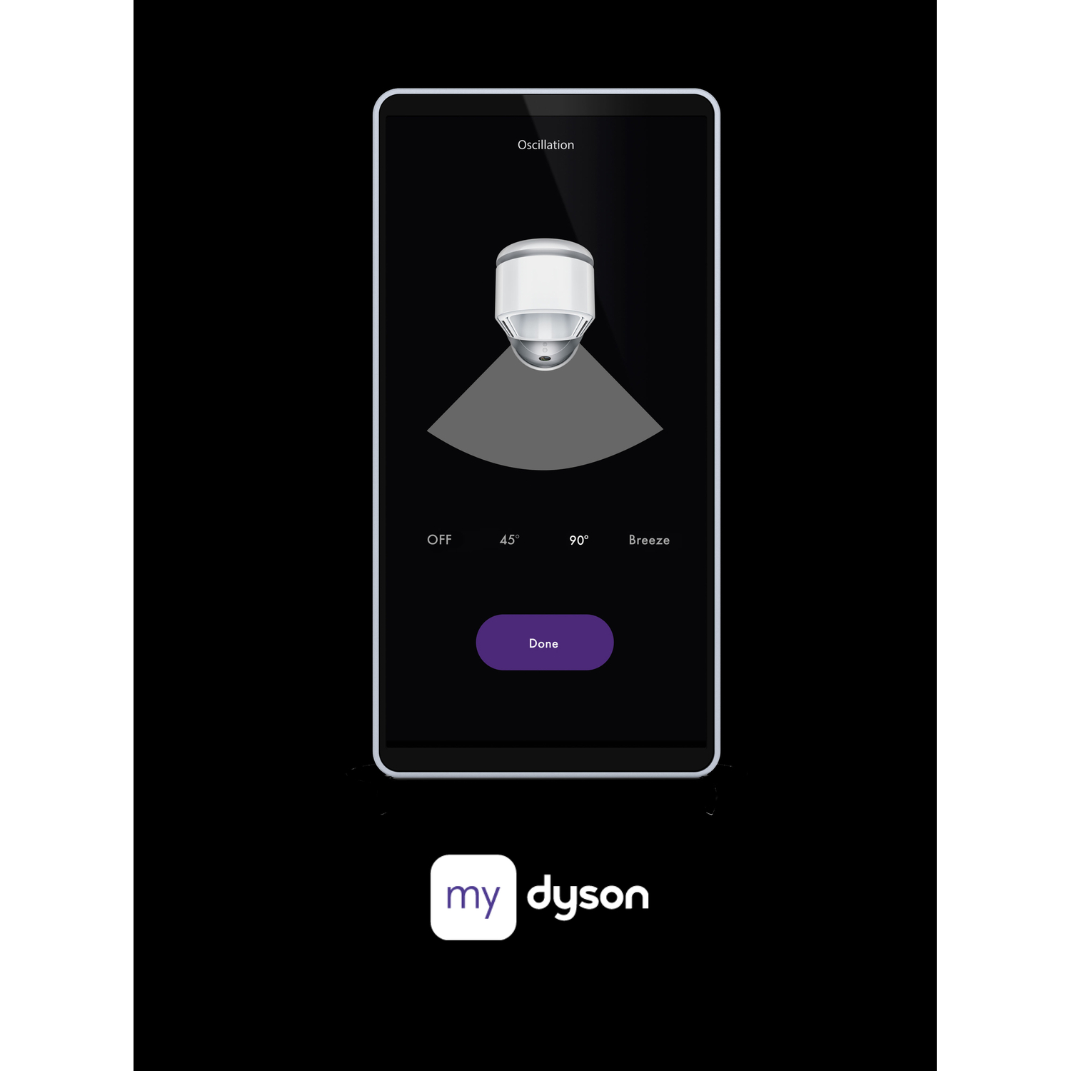 A smartphone screen showing a fan with settings for oscillation: off, 45°, 90°, and breeze.