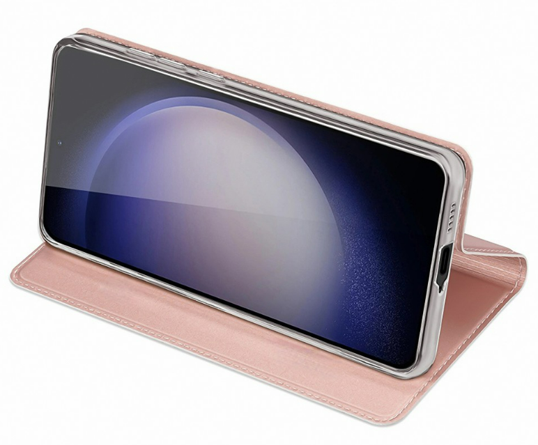 Egy mobiltelefon egy rózsaszín tokban fehér háttér előtt.