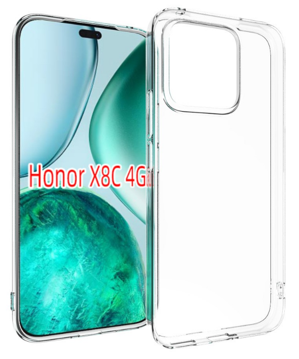 Egy telefon átlátszó tokkal, a képernyő egy képet mutat az 'Honor X8C 4G' szöveggel.
