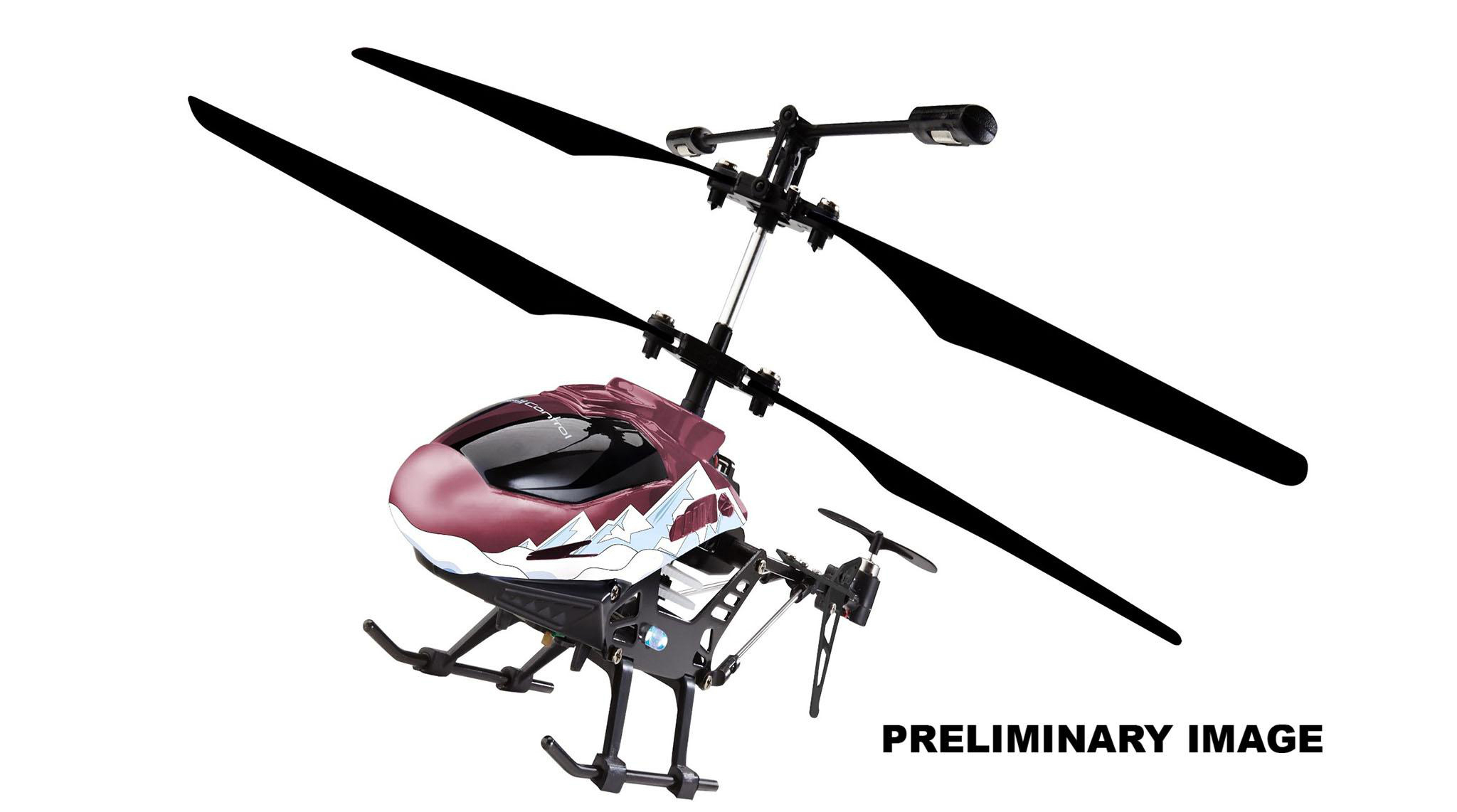 Roter und weißer Spielzeug-Hubschrauber mit zwei schwarzen Rotorblättern. Text: „VORLÄUFIGES BILD“.