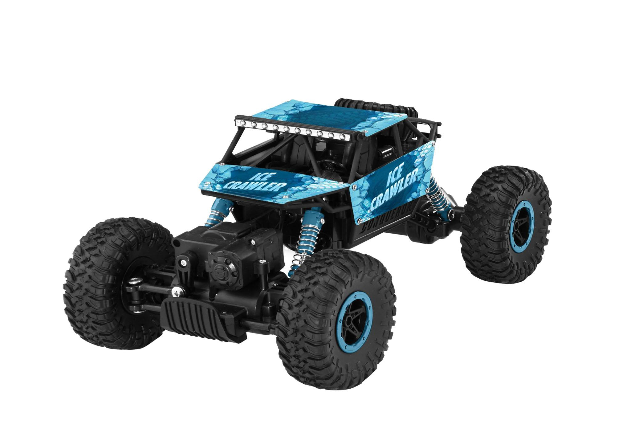 Ein blaues und schwarzes ferngesteuertes Auto mit großen Rädern und dem Wort "ICE CRAWLER".