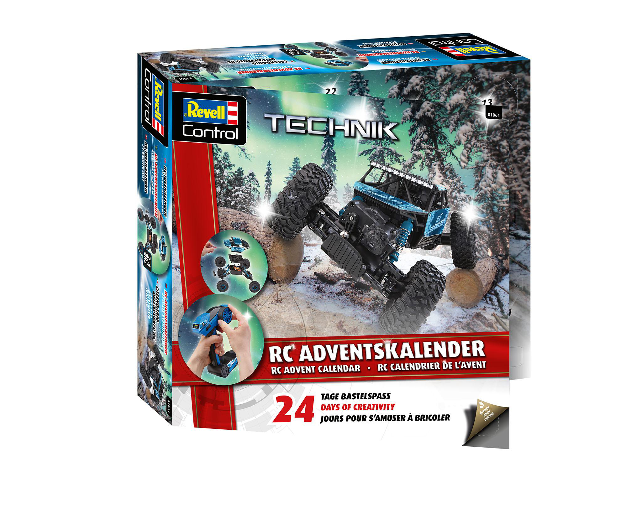 Box für einen RC-Adventskalender. Enthält einen Spielzeug-Truck auf einer schneebedeckten Szene sowie Text und Logos.