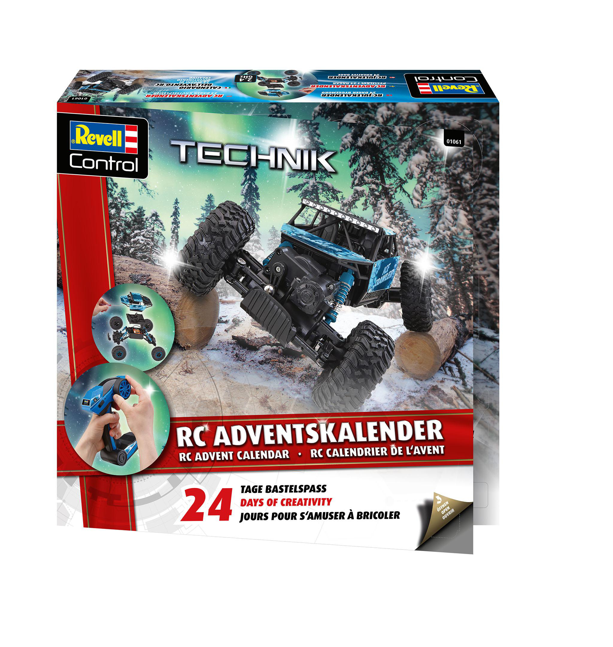 Eine Revell Technic RC Adventskalender-Box mit einem Spielzeugauto-Modell und einer Schneeszene.