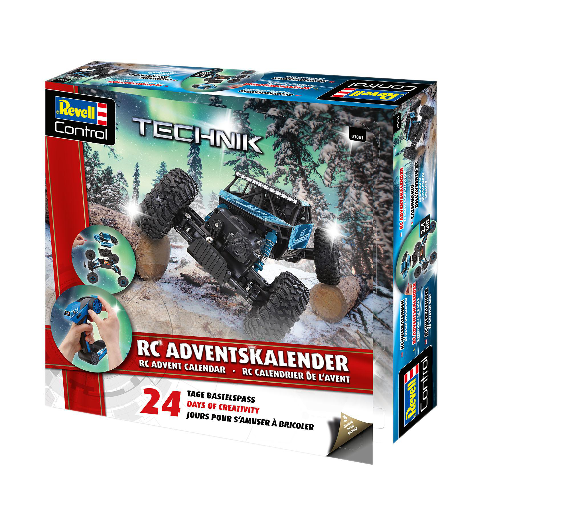 Verpackter Revell RC Adventskalender. Ein RC-Auto ist auf der Vorderseite zu sehen, das über verschneite Baumstämme fährt. Die Box sagt 24 Tage Kreativität.